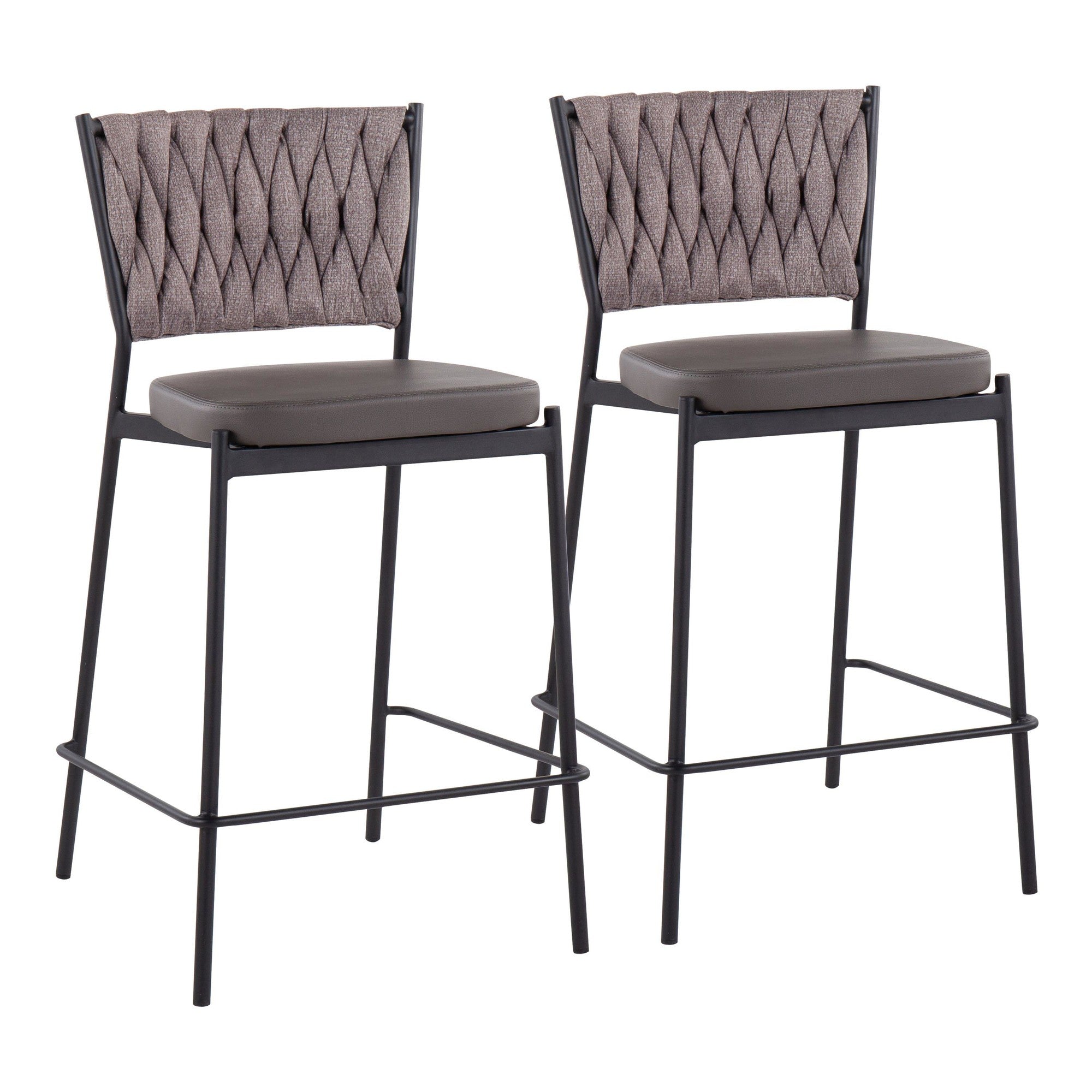 Braided Tania 24" Fixed-Height Counter Stool - Set of 2 - Black Metal, Grey PU, Light Brown Fabric