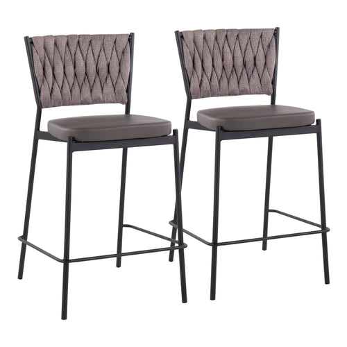 Braided Tania 24" Fixed-Height Counter Stool - Set of 2 - Black Metal, Grey PU, Light Brown Fabric