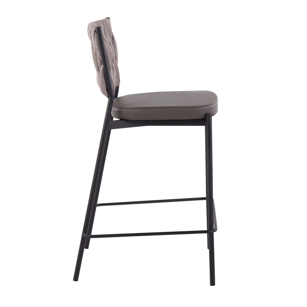Braided Tania 24" Fixed-Height Counter Stool - Set of 2 - Black Metal, Grey PU, Light Brown Fabric