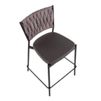 Braided Tania 24" Fixed-Height Counter Stool - Set of 2 - Black Metal, Grey PU, Light Brown Fabric