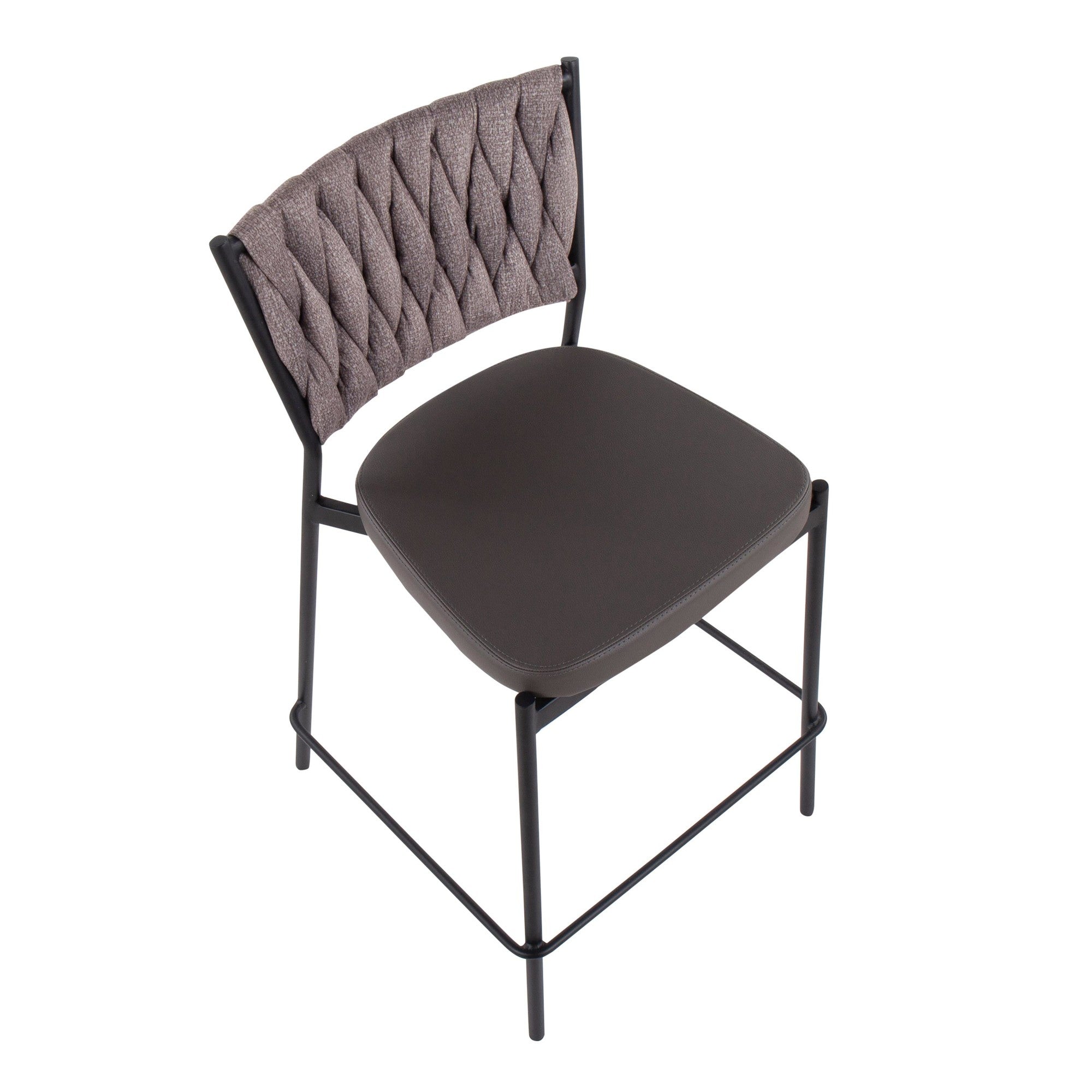 Braided Tania 24" Fixed-Height Counter Stool - Set of 2 - Black Metal, Grey PU, Light Brown Fabric