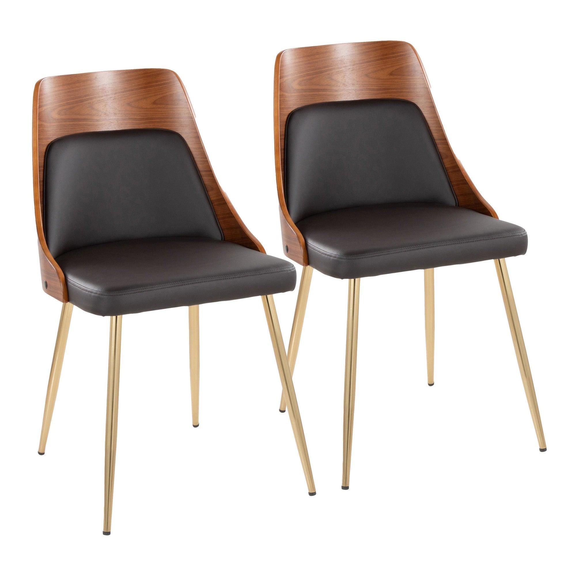 Anabelle Chair - Set of 2 - Gold Metal, Walnut Wood, Brown PU