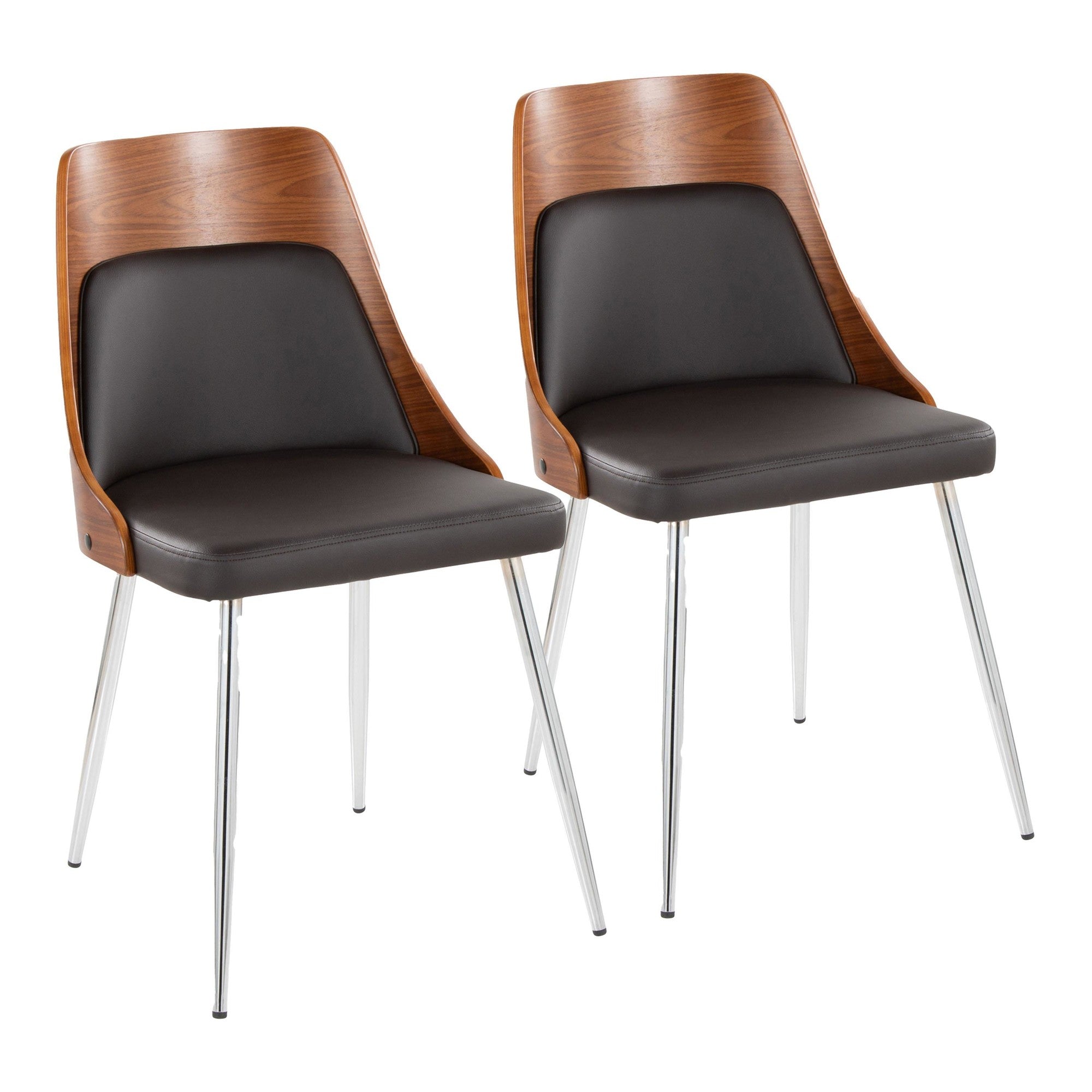 Anabelle Chair - Set of 2 - Chrome Metal, Walnut Wood, Brown PU