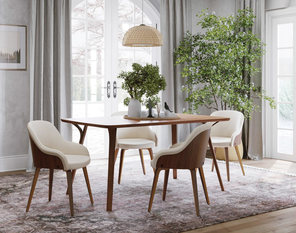 Folia-bacci Dining Set - 5 Piece - Walnut Wood, Cream Fabric
