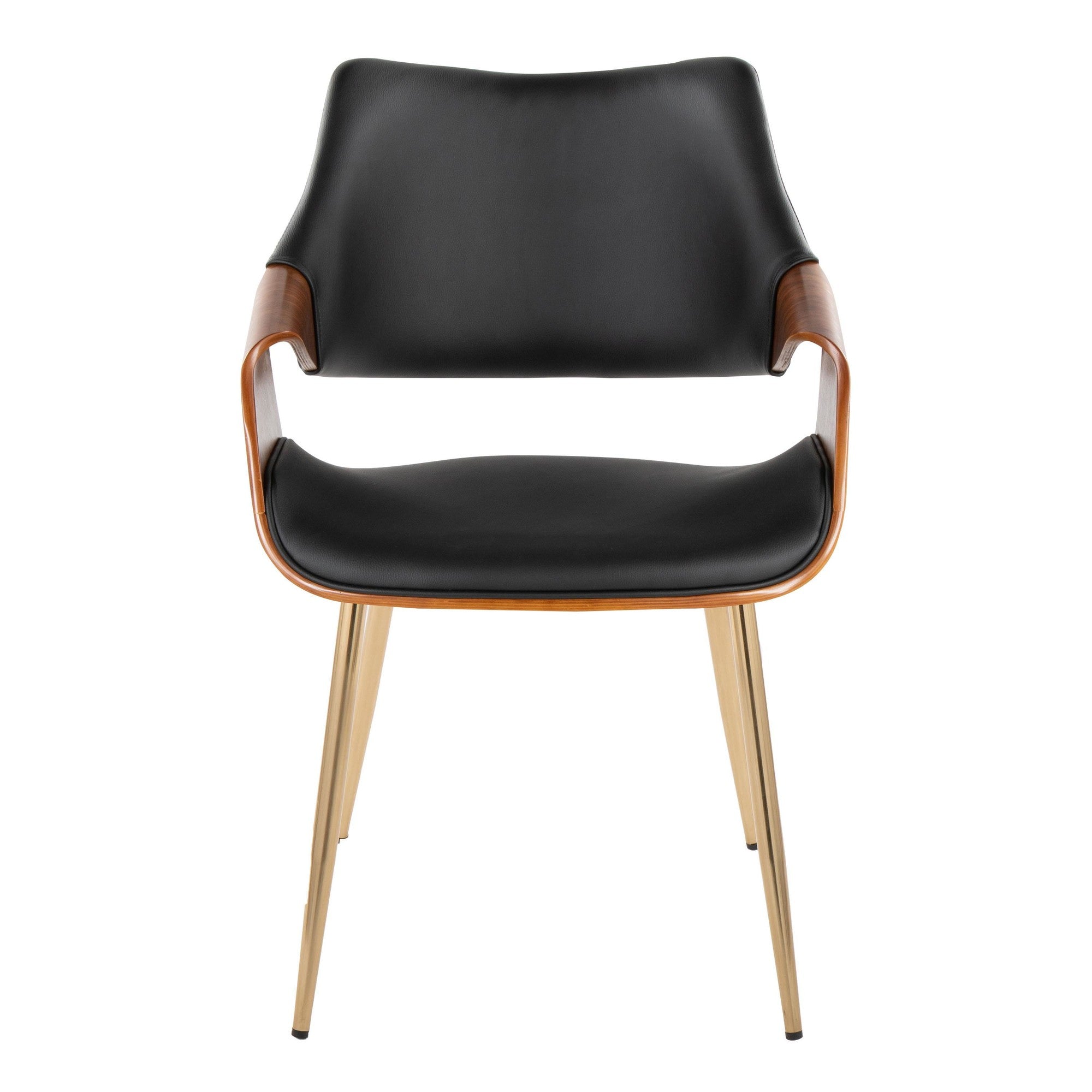 Curvo High Back Chair - Set of 2 - Gold Metal, Walnut Wood, Black PU