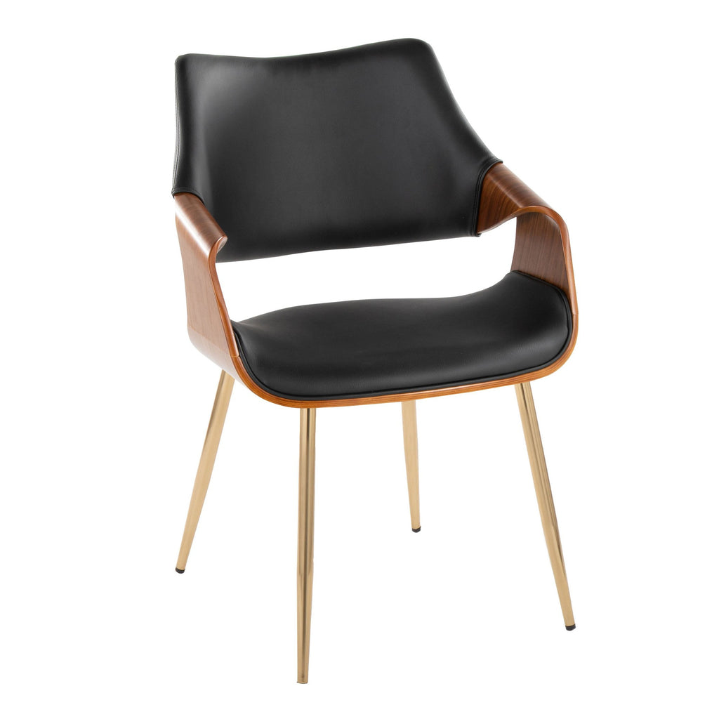 Curvo High Back Chair - Set of 2 - Gold Metal, Walnut Wood, Black PU