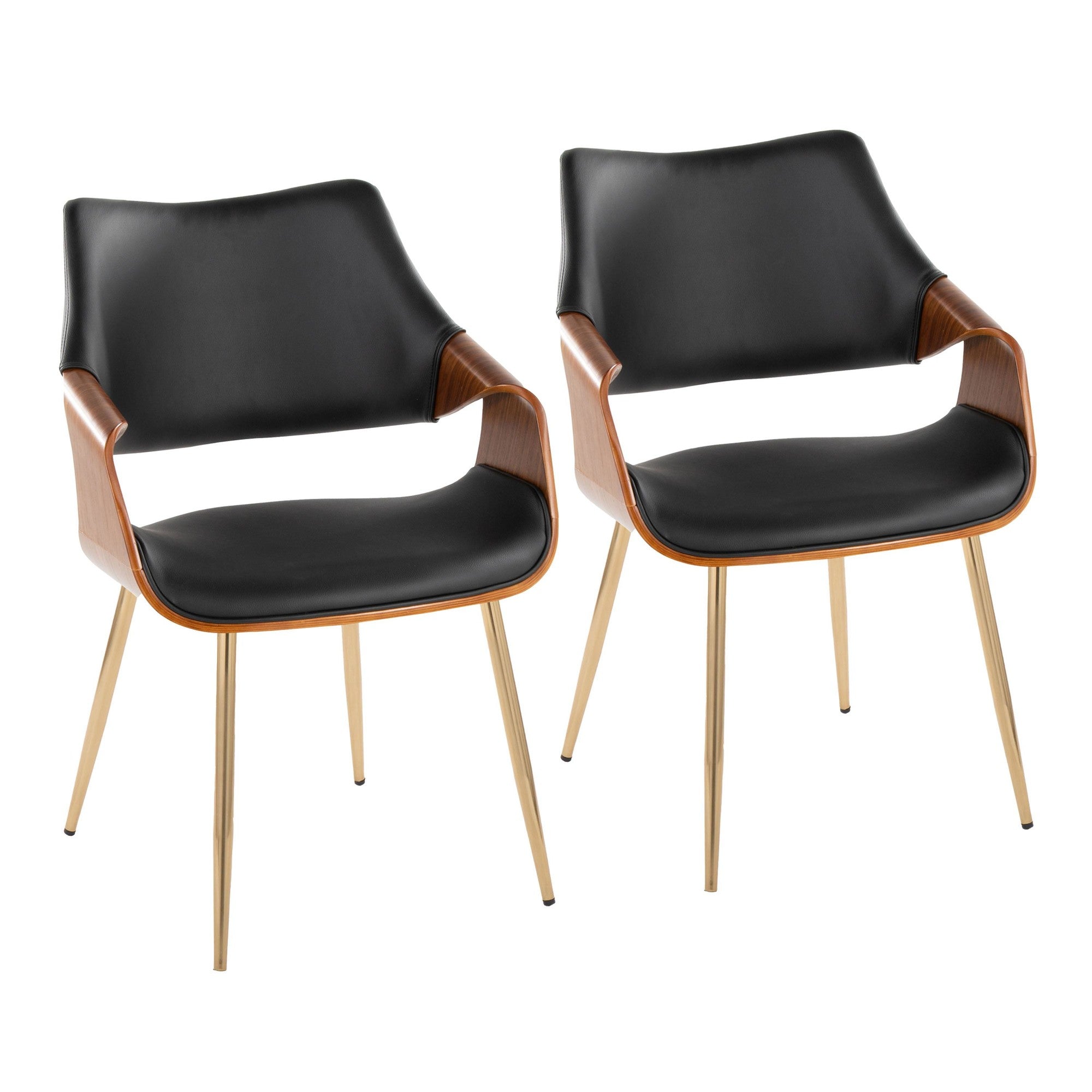 Curvo High Back Chair - Set of 2 - Gold Metal, Walnut Wood, Black PU
