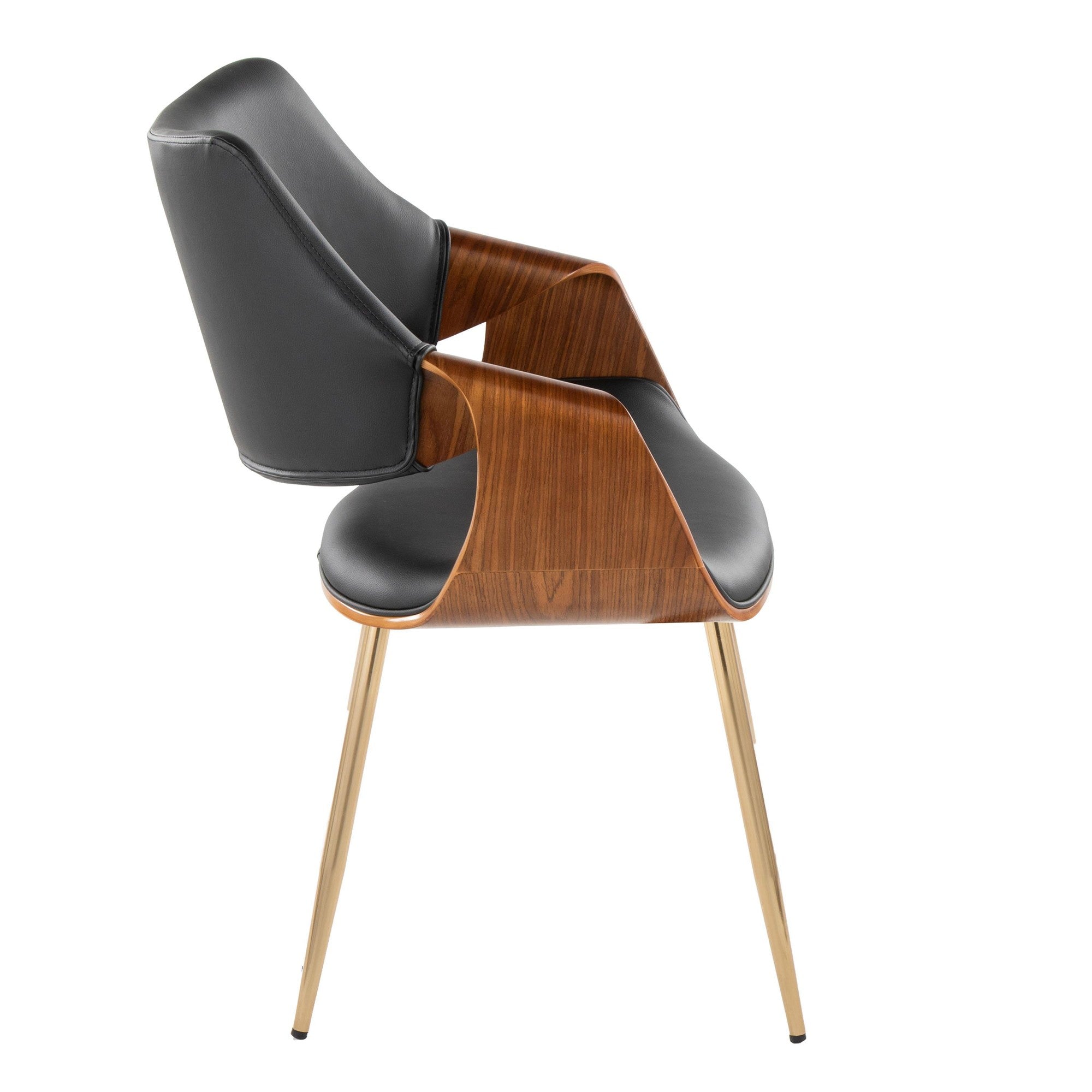 Curvo High Back Chair - Set of 2 - Gold Metal, Walnut Wood, Black PU