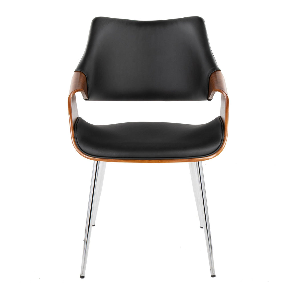 Curvo High Back Chair - Set of 2 - Chrome Metal, Walnut Wood, Black PU