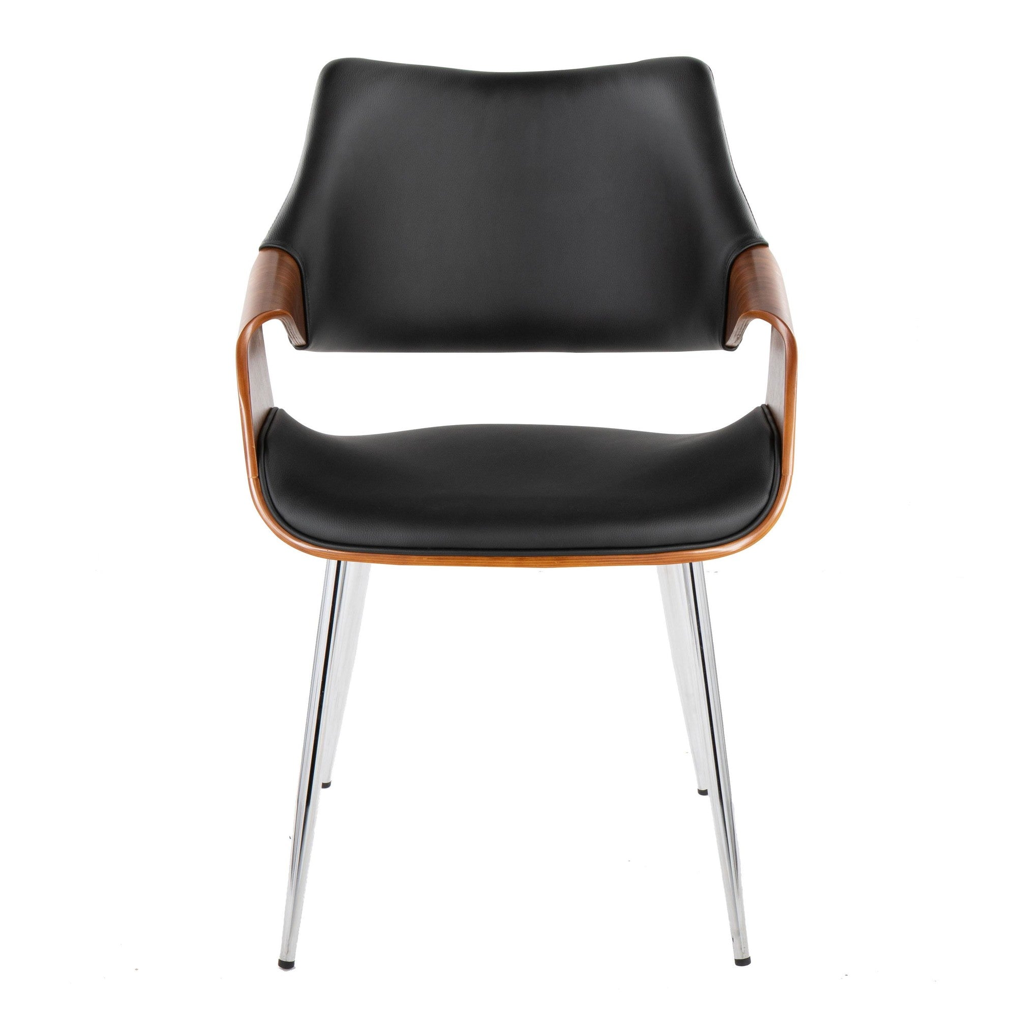 Curvo High Back Chair - Set of 2 - Chrome Metal, Walnut Wood, Black PU