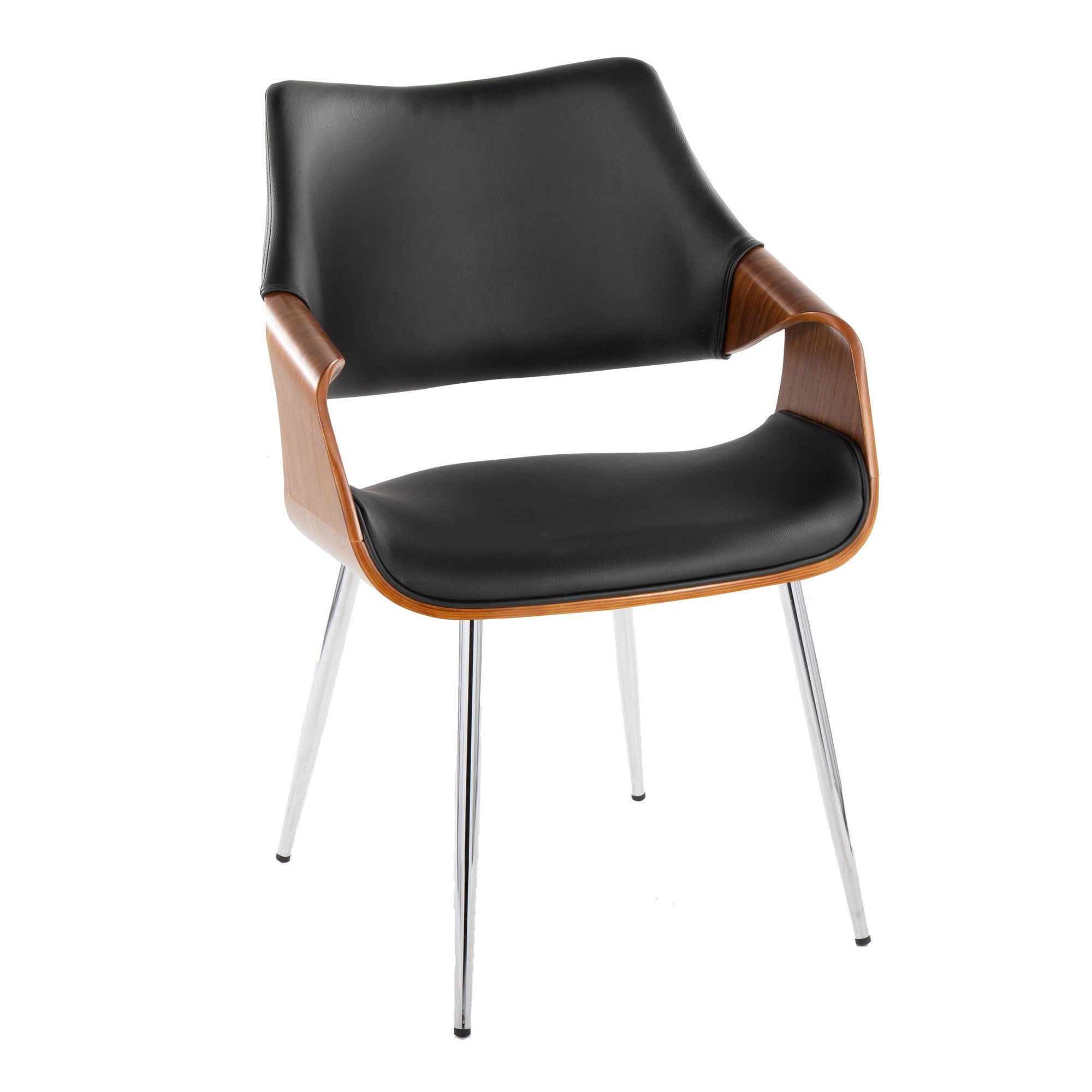 Curvo High Back Chair - Set of 2 - Chrome Metal, Walnut Wood, Black PU