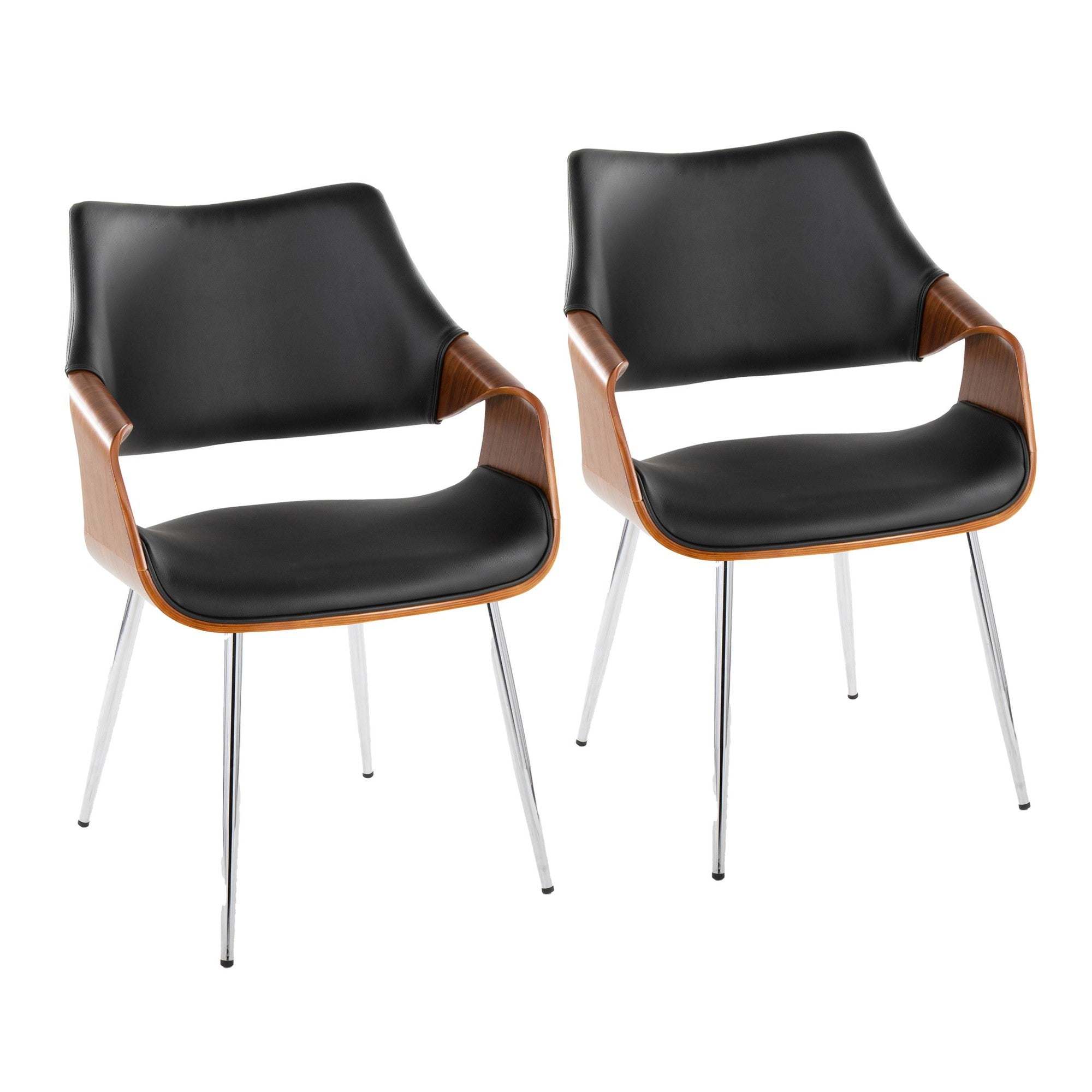Curvo High Back Chair - Set of 2 - Chrome Metal, Walnut Wood, Black PU