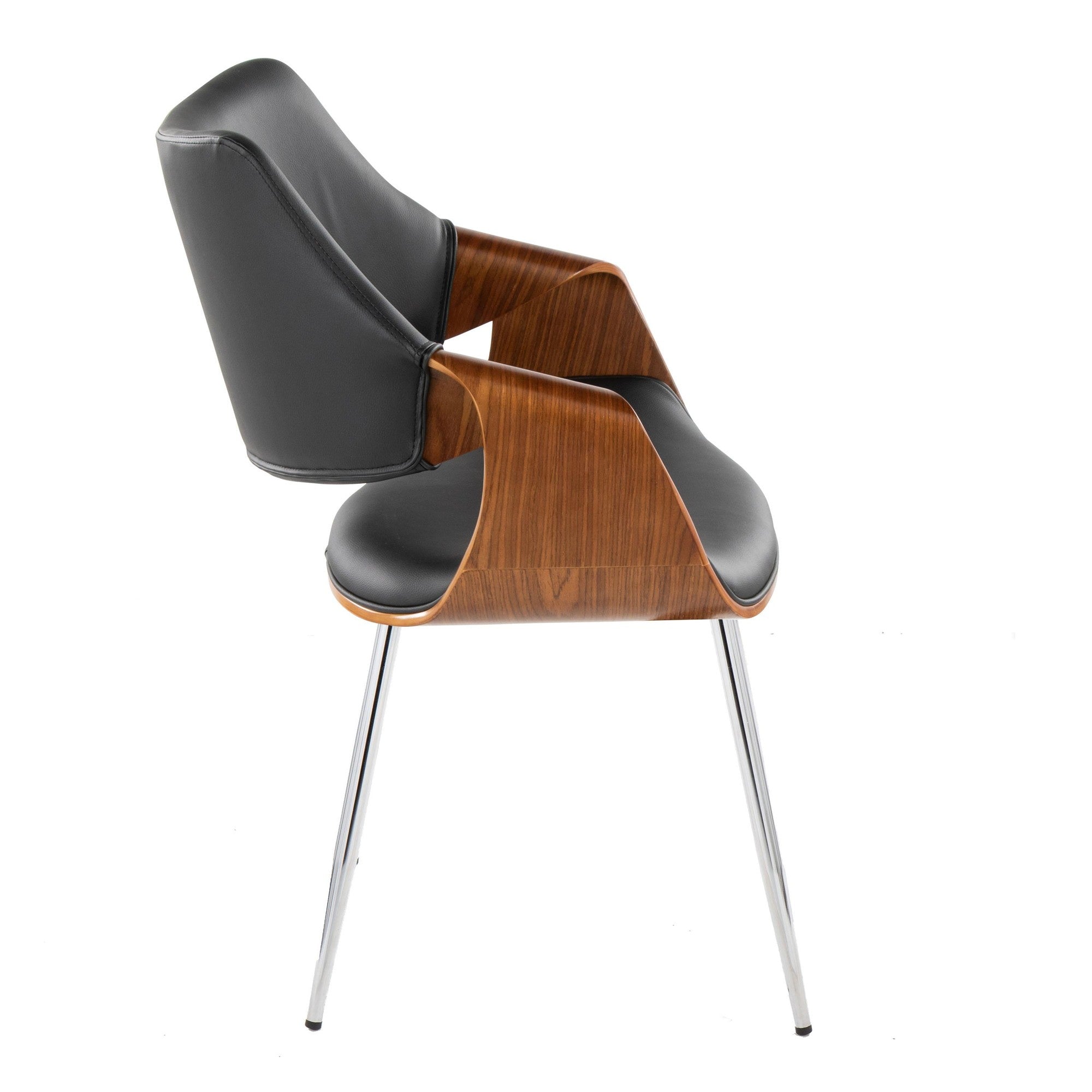 Curvo High Back Chair - Set of 2 - Chrome Metal, Walnut Wood, Black PU