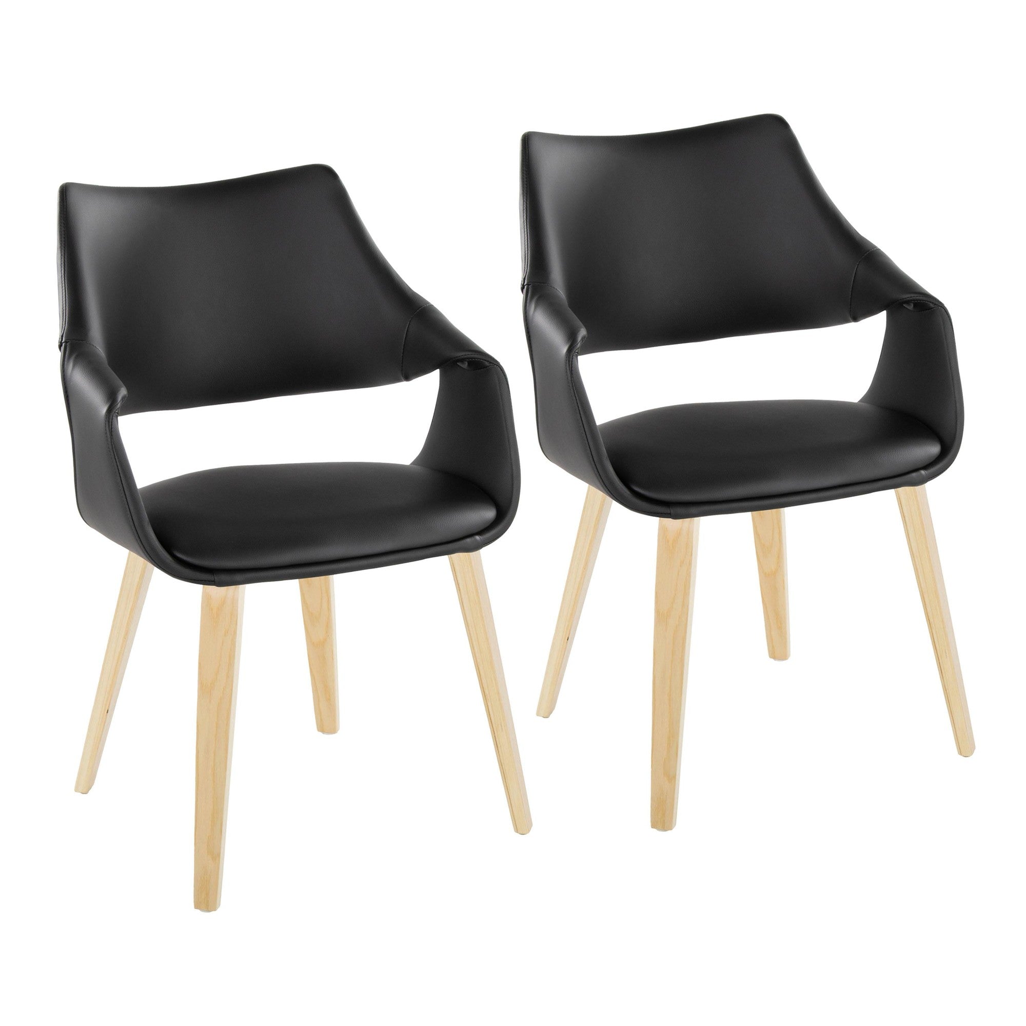 Curvo High Back Upholstered Chair - Set of 2 - Natural Wood, Black PU