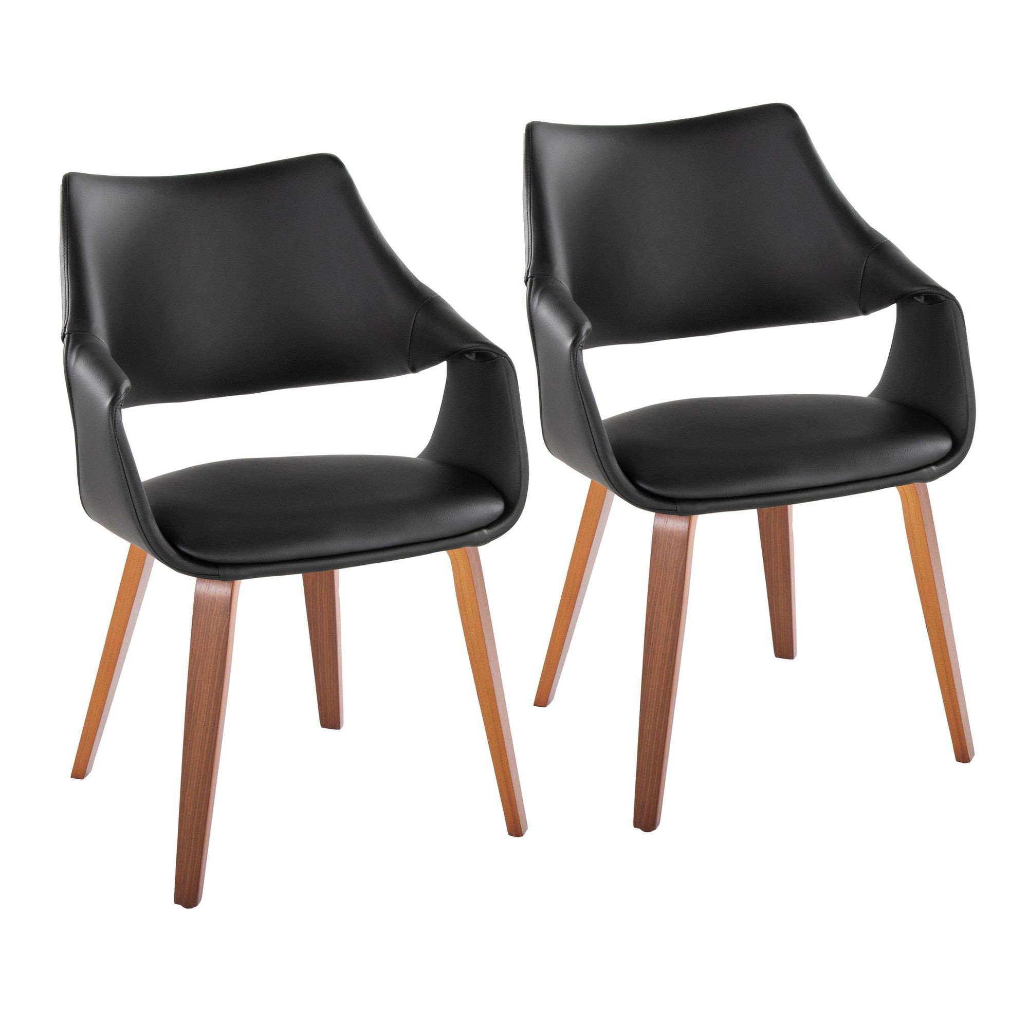 Curvo High Back Upholstered Chair - Set of 2 - Walnut Wood, Black PU