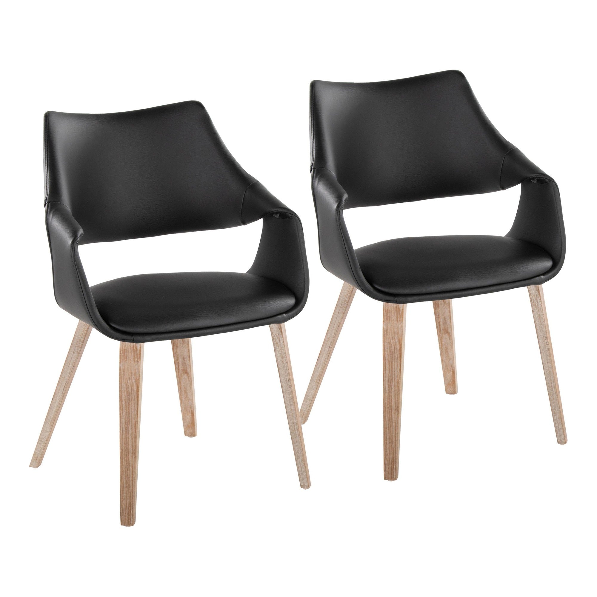 Curvo High Back Upholstered Chair - Set of 2 - Whitewashed Wood, Black PU