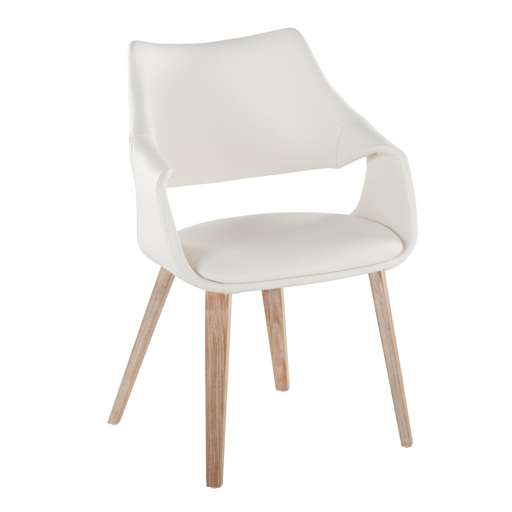 Curvo High Back Upholstered Chair - Set of 2 - Whitewashed Wood, White PU