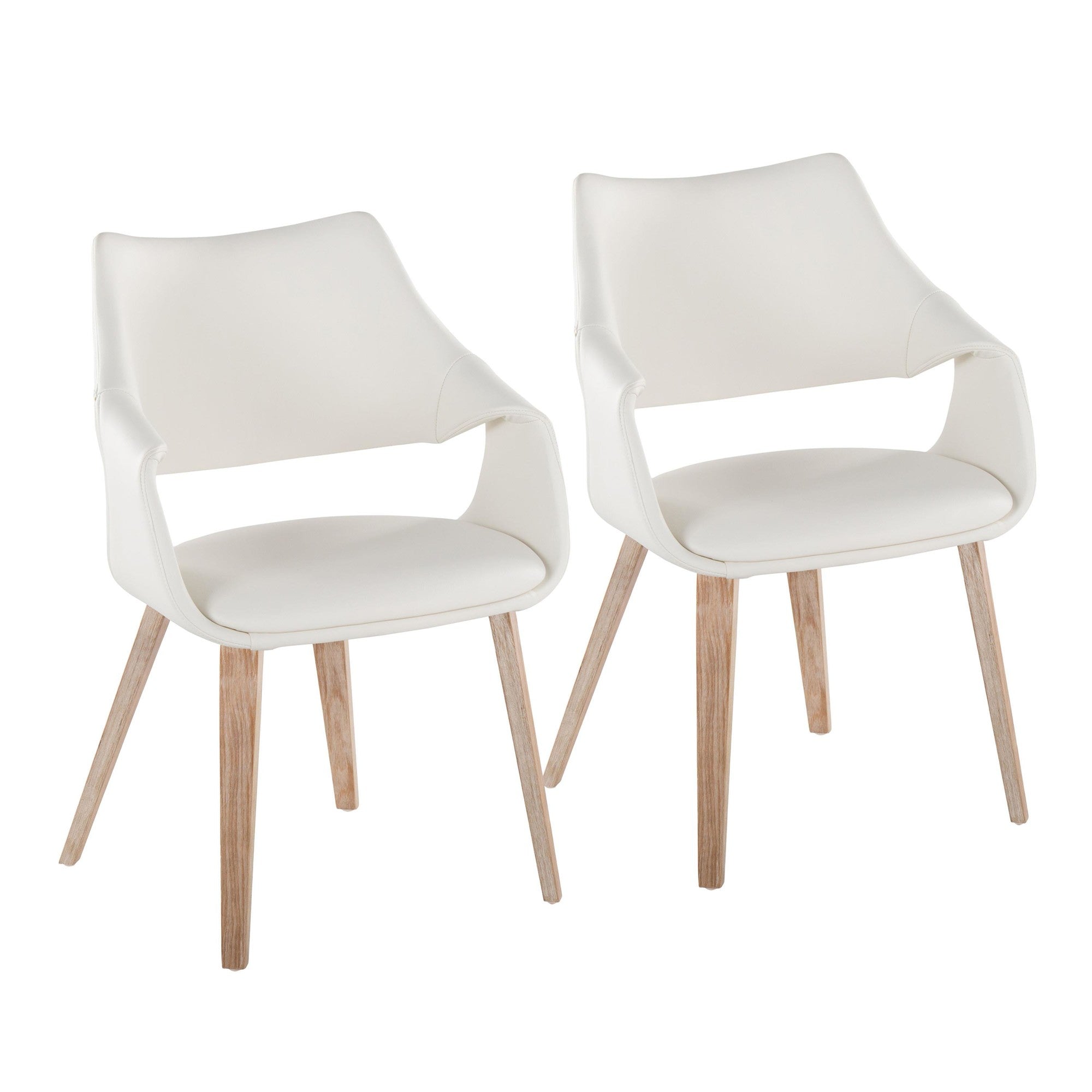 Curvo High Back Upholstered Chair - Set of 2 - Whitewashed Wood, White PU