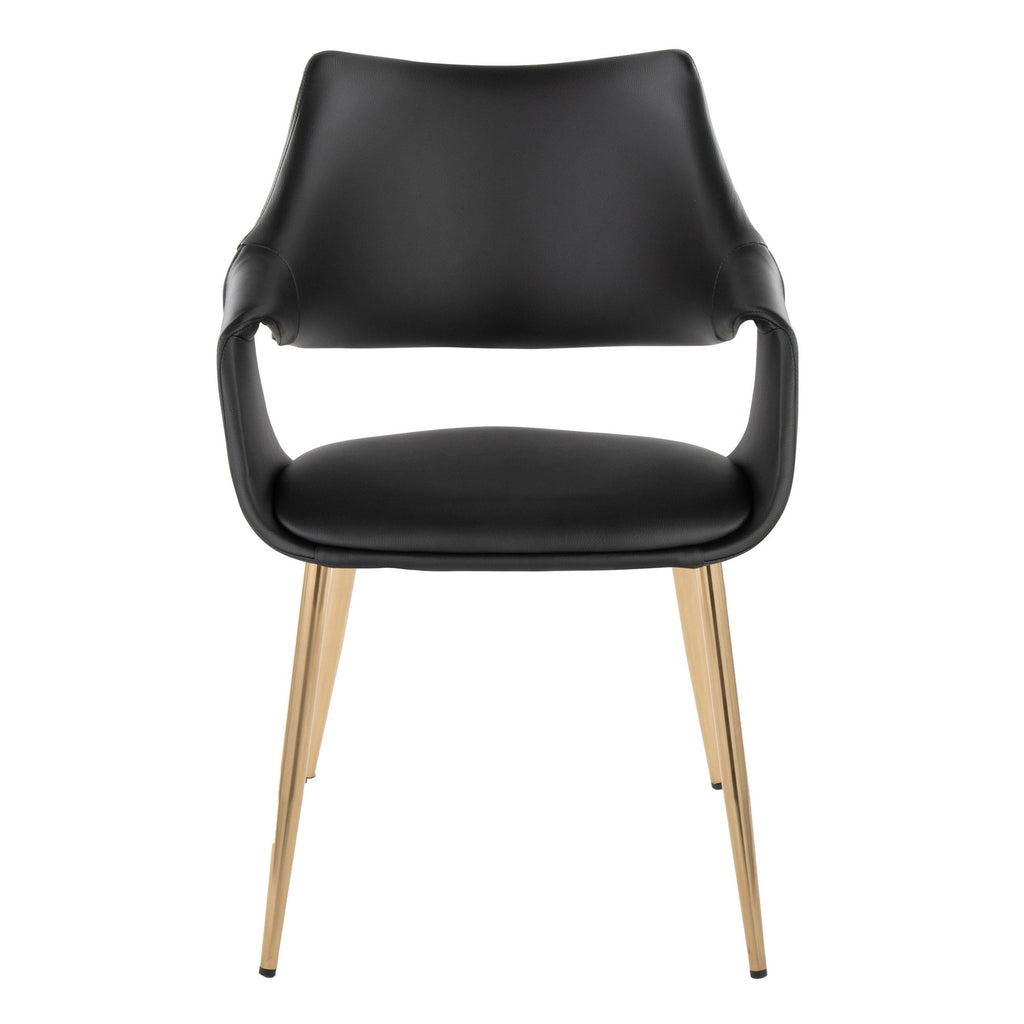 Curvo High Back Upholstered Chair - Set of 2 - Gold Metal, Black PU