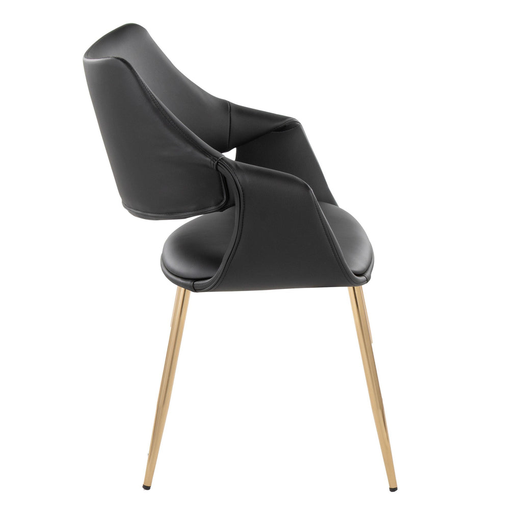 Curvo High Back Upholstered Chair - Set of 2 - Gold Metal, Black PU