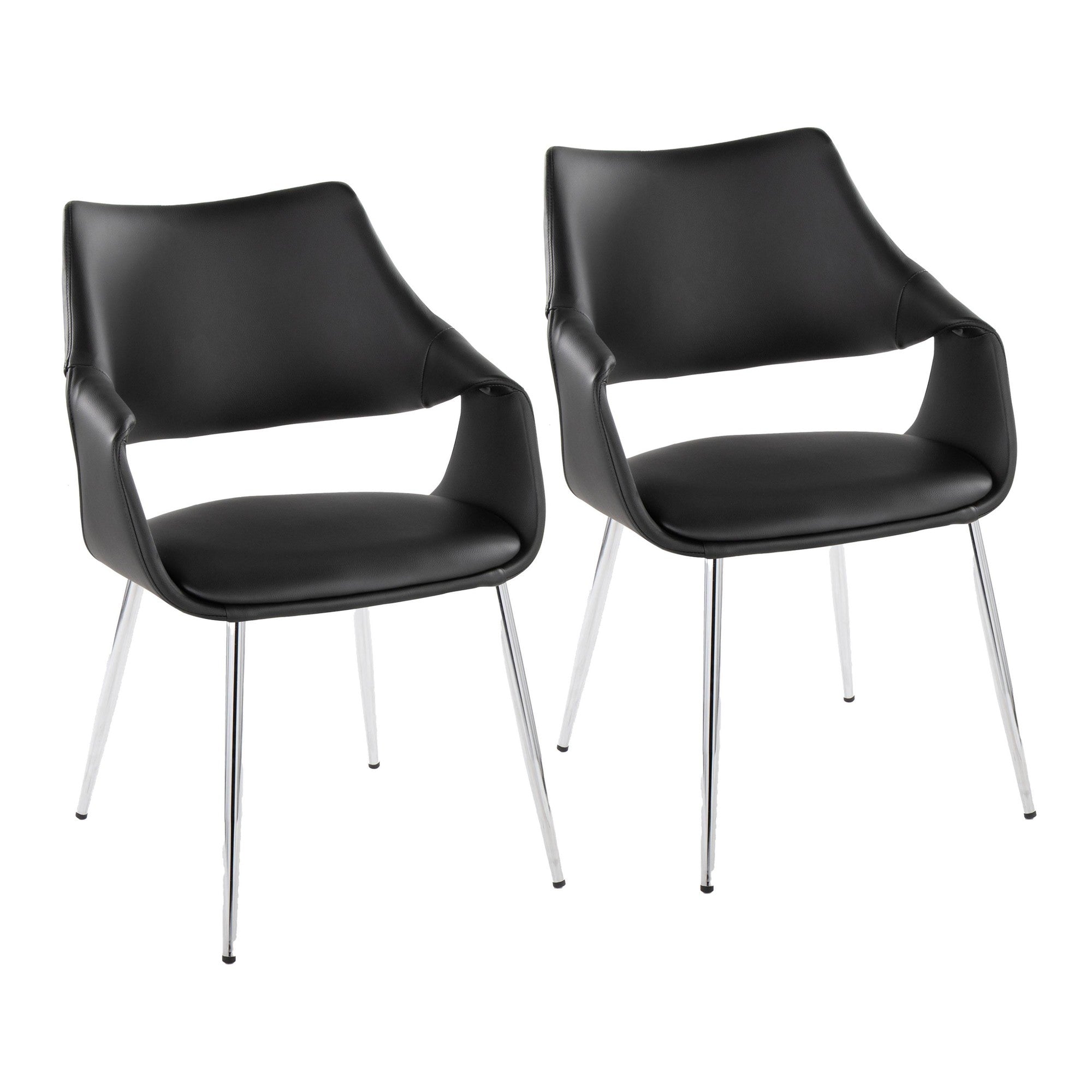 Curvo High Back Upholstered Chair - Set of 2 - Chrome Metal, Black PU