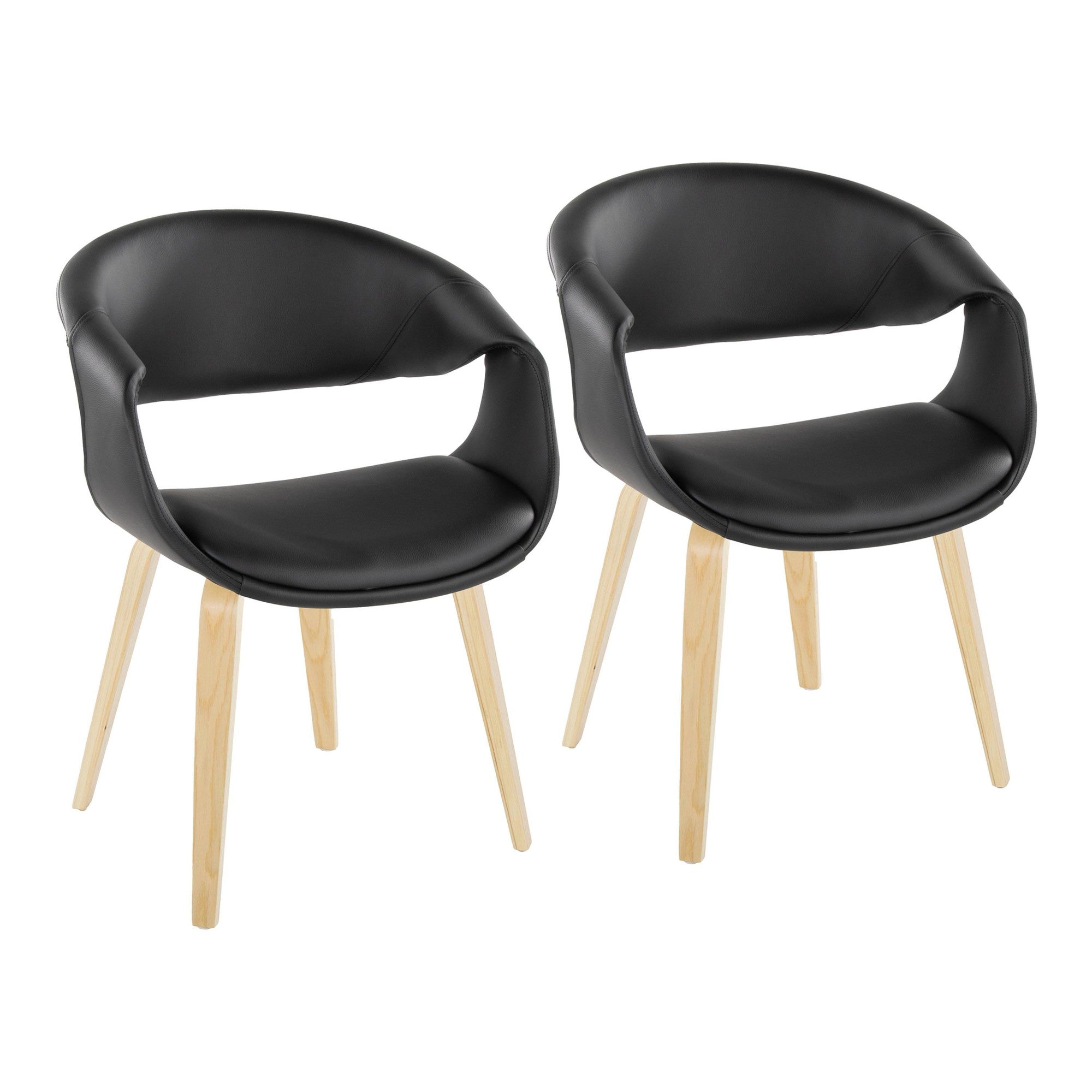 Curvo Upholstered Chair - Set of 2 - Natural Wood, Black PU