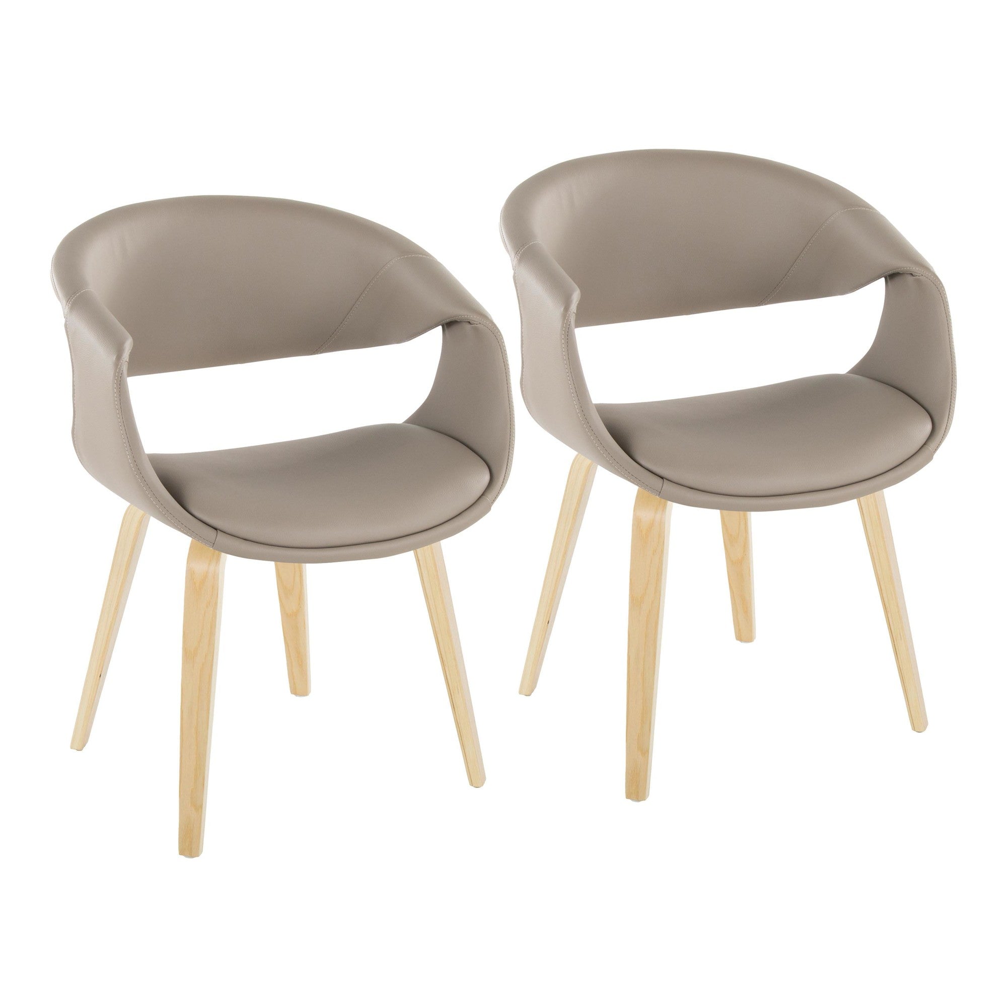 Curvo Upholstered Chair - Set of 2 - Natural Wood, Light Grey PU