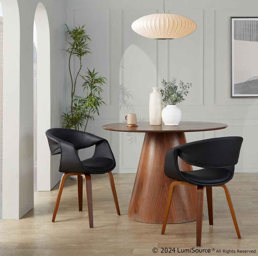 Curvo Upholstered Chair - Set of 2 - Walnut Wood, Black PU