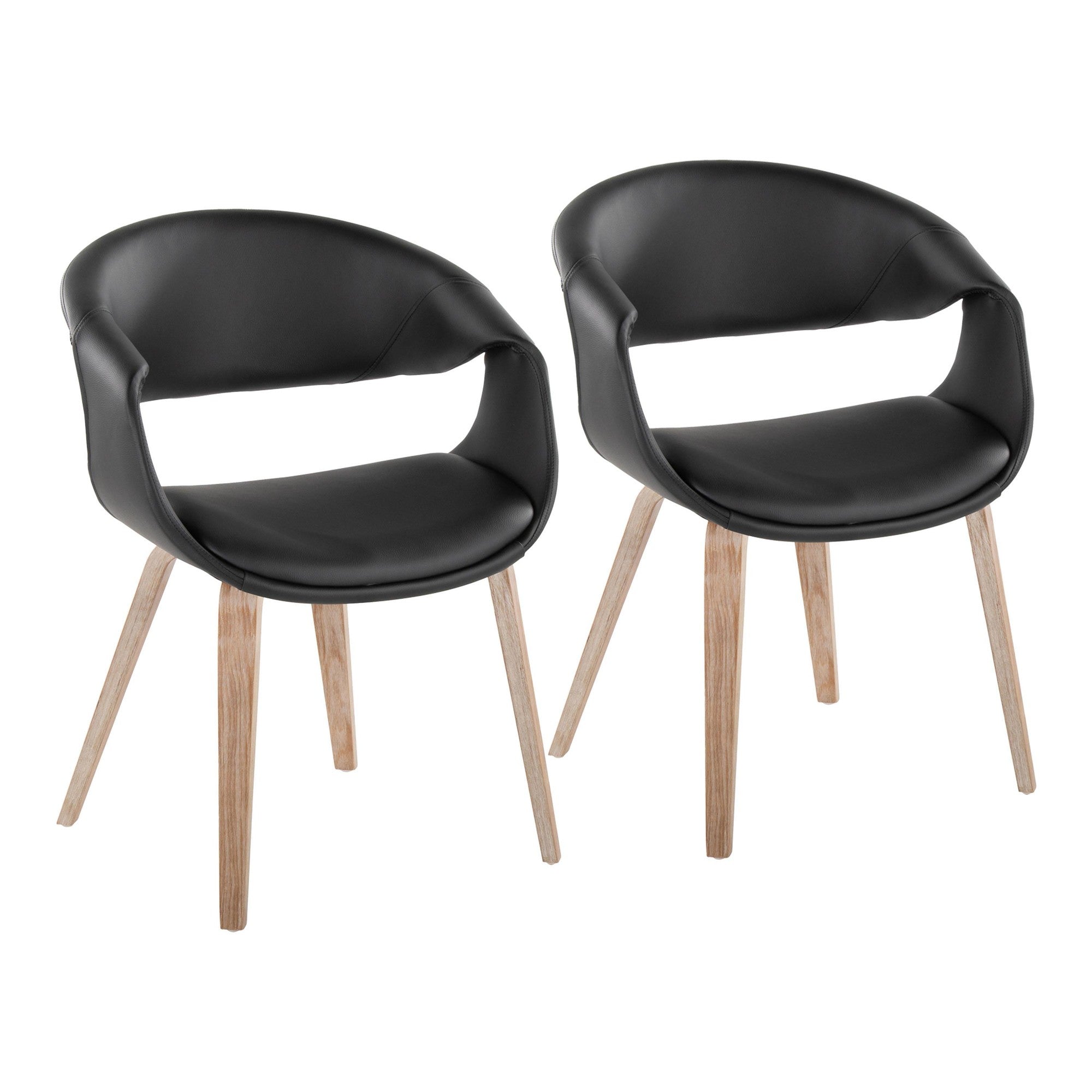Curvo Upholstered Chair - Set of 2 - Whitewashed Wood, Black PU