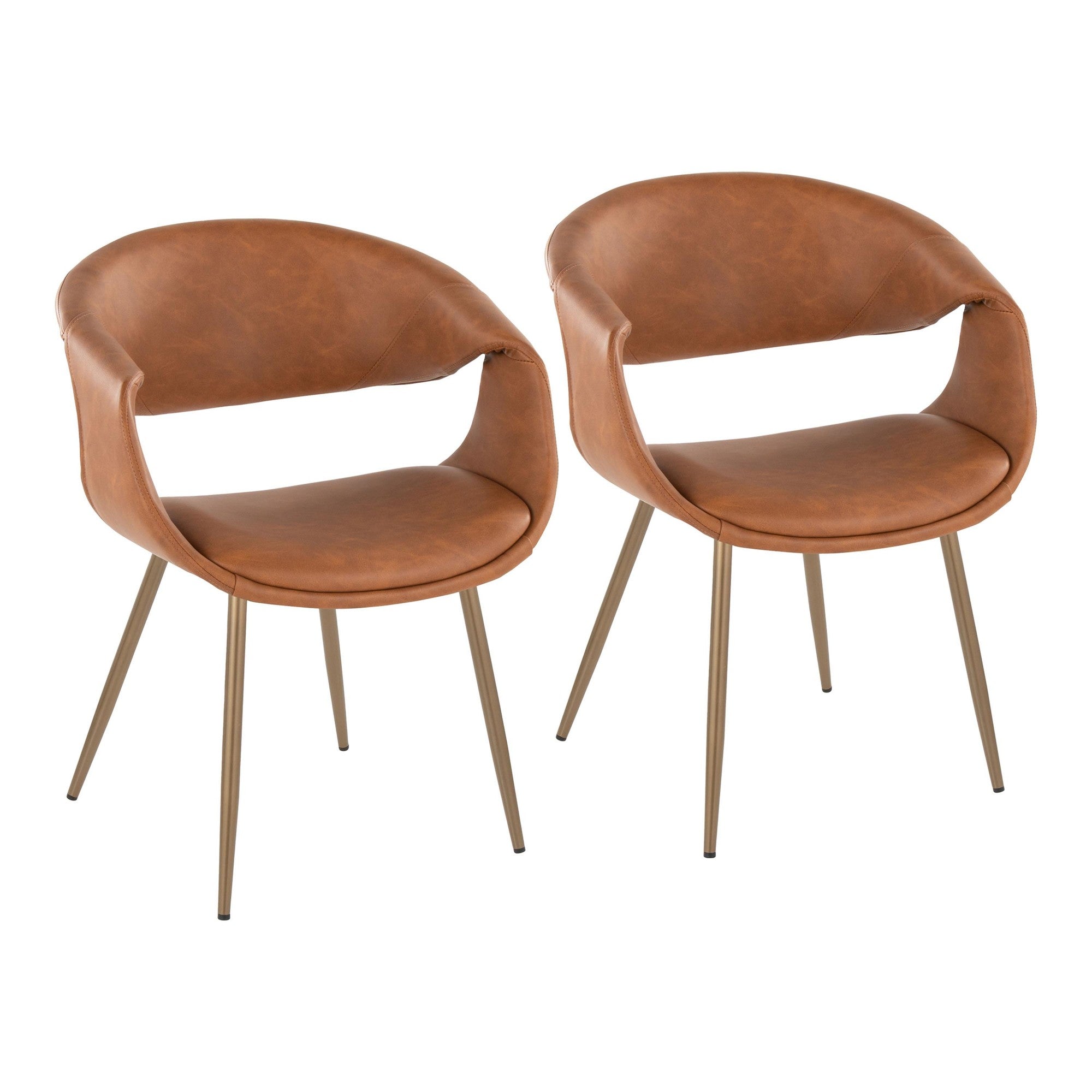 Curvo Upholstered Chair - Set of 2 - Antique Copper Metal, Camel PU