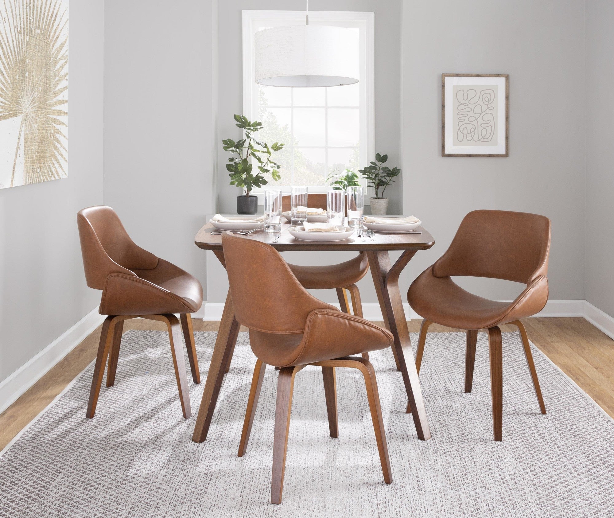 Folia-fabrico Square Dining Set - 5 Piece - Walnut Wood, Camel PU