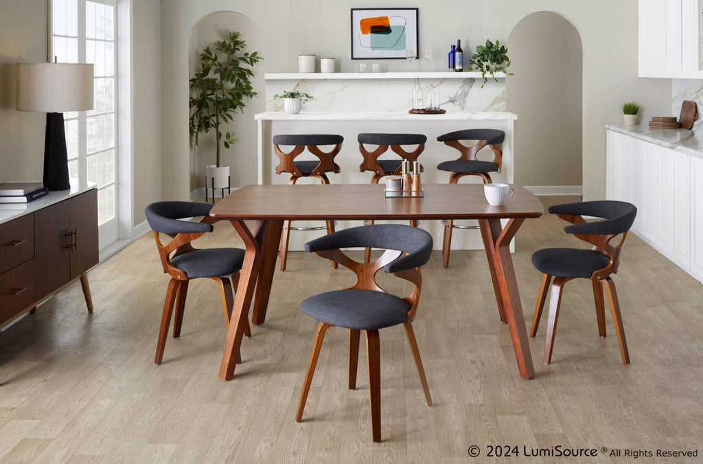 Gardenia 30" Fixed-Height Barstool - Set of 2 - Chrome Metal, Walnut Wood, Charcoal Fabric