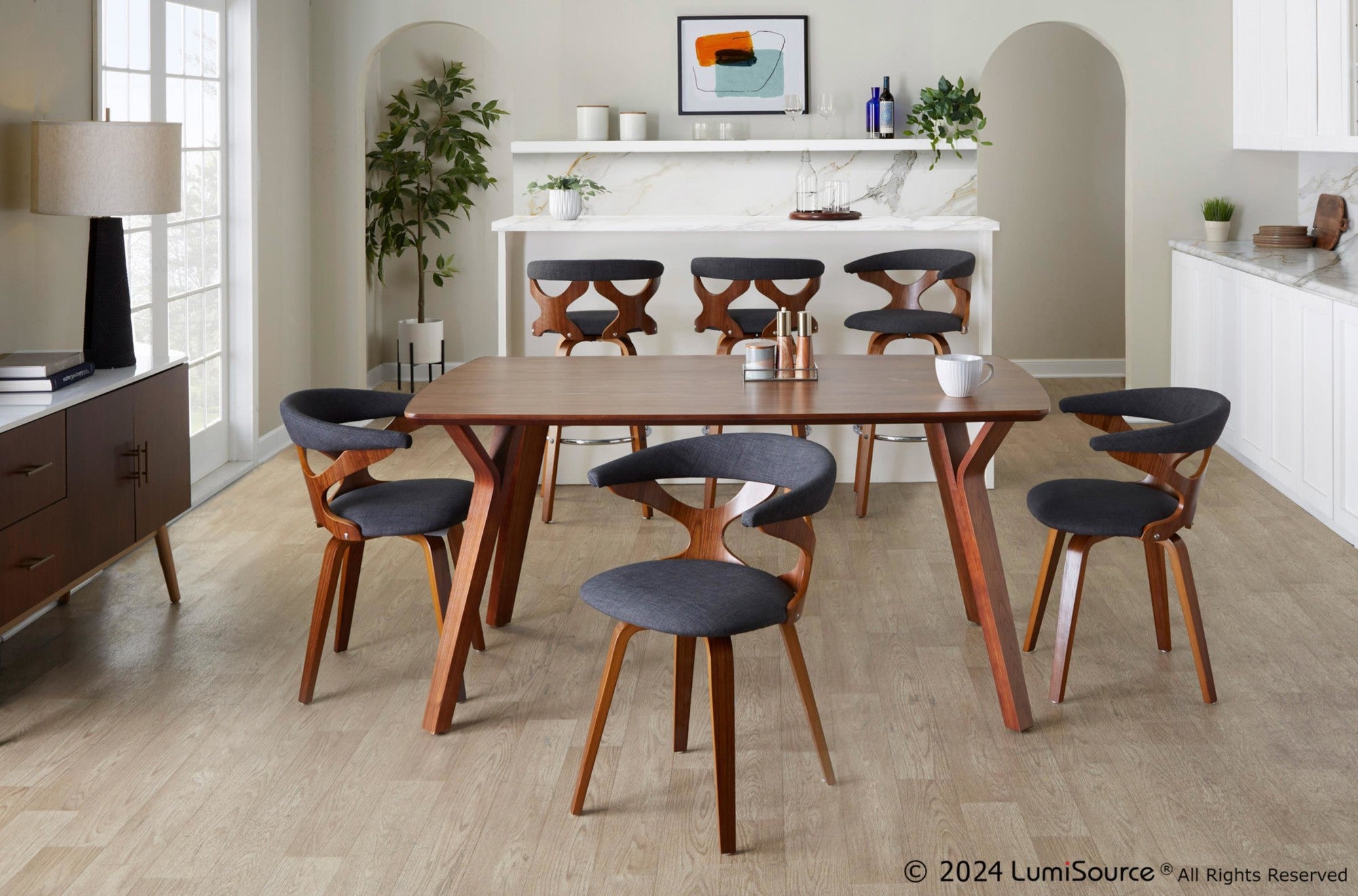 Gardenia 30" Fixed-Height Barstool - Set of 2 - Chrome Metal, Walnut Wood, Charcoal Fabric