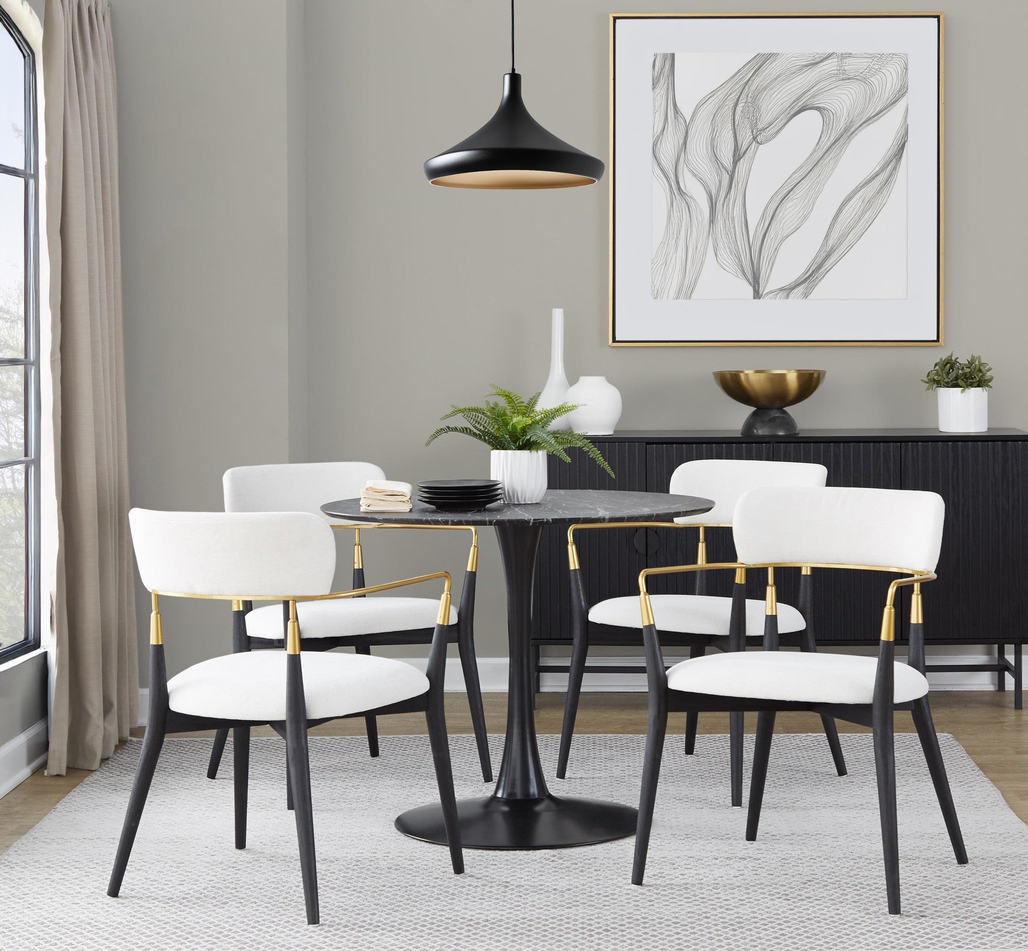 Savannah Chair - Set of 2 - Black Wood, Gold Metal, Cream Fabric