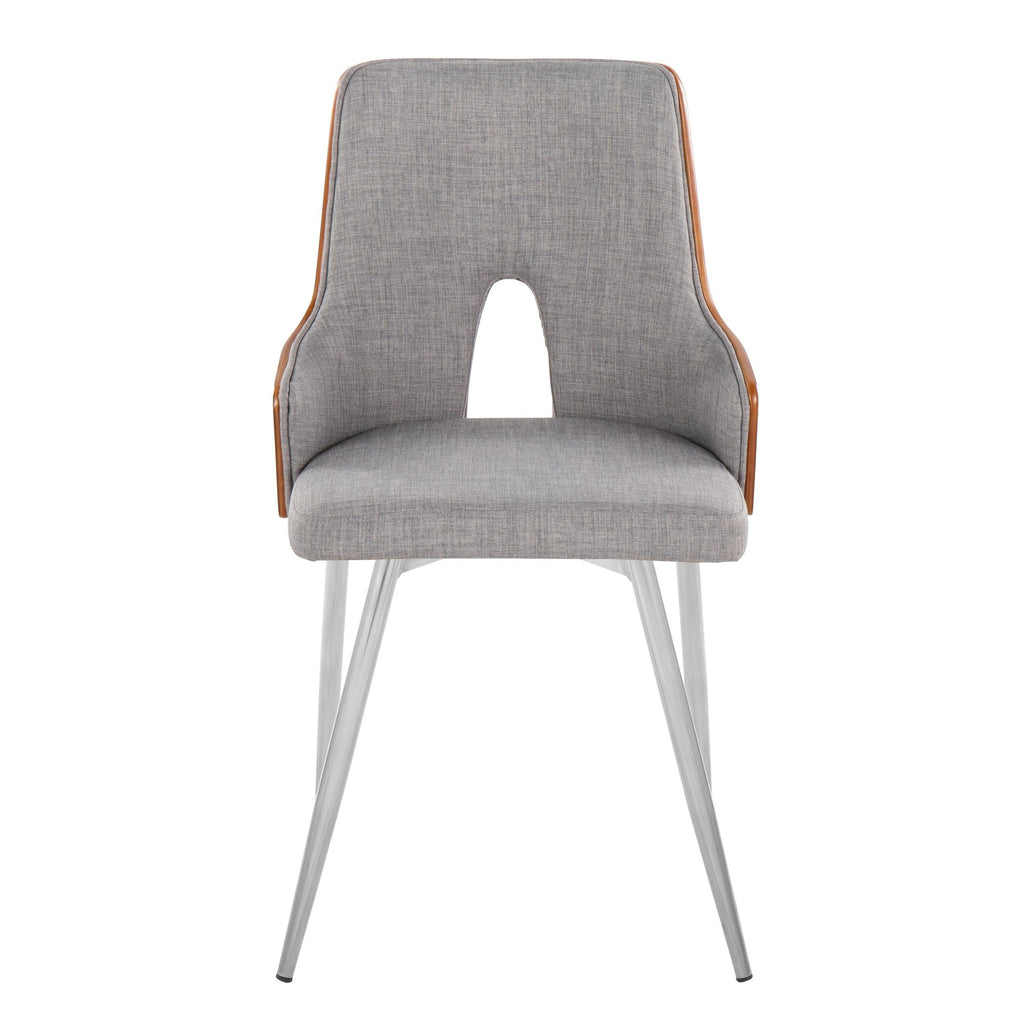Stella Chair - Set of 2 - Chrome Metal, Walnut Wood, Light Grey Fabric