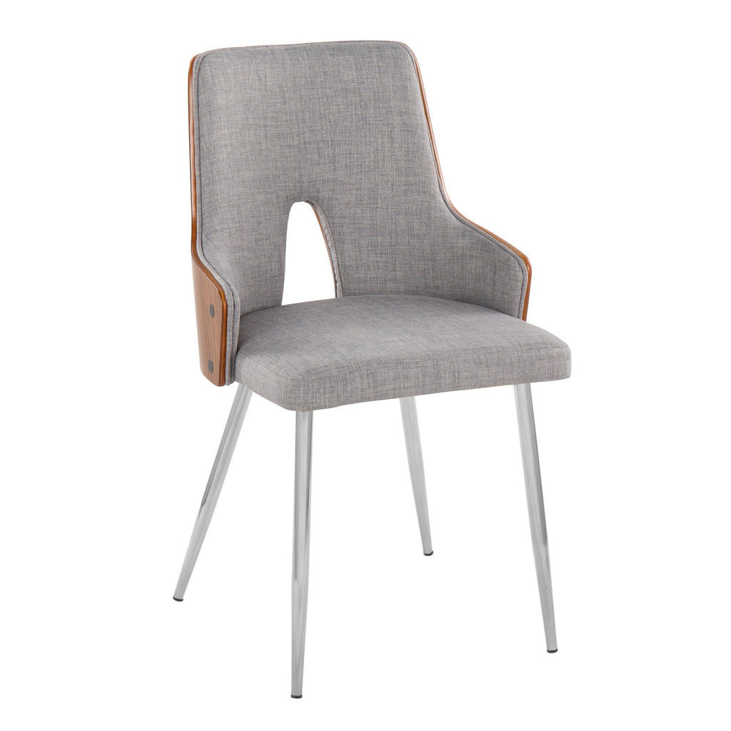 Stella Chair - Set of 2 - Chrome Metal, Walnut Wood, Light Grey Fabric
