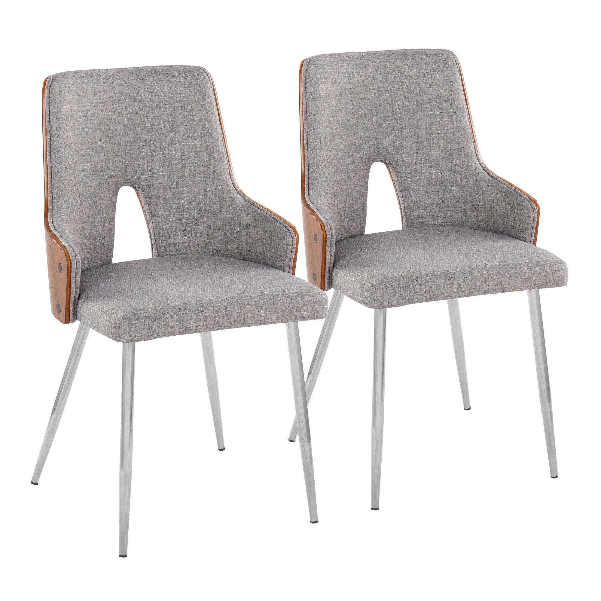 Stella Chair - Set of 2 - Chrome Metal, Walnut Wood, Light Grey Fabric