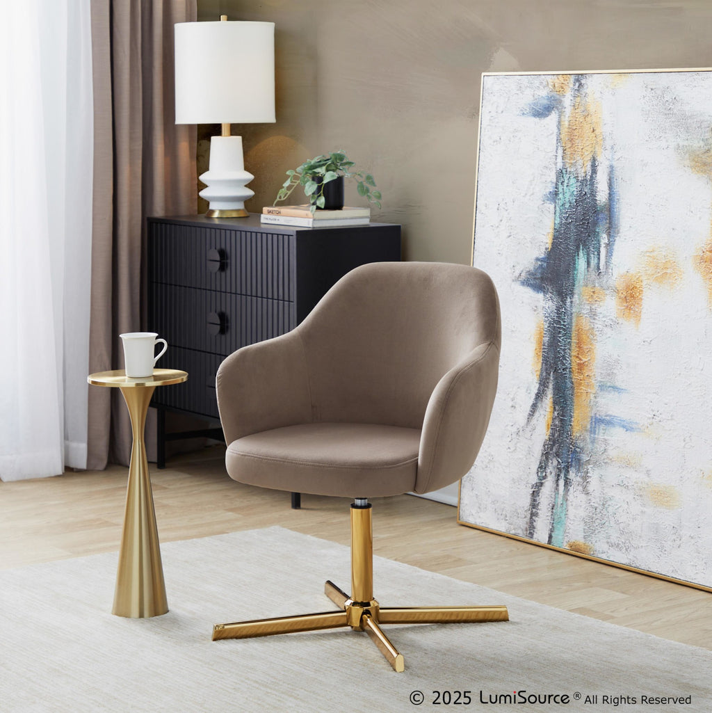 Buena Swivel Accent Chair - Chrome Gold Metal, Brown Velvet