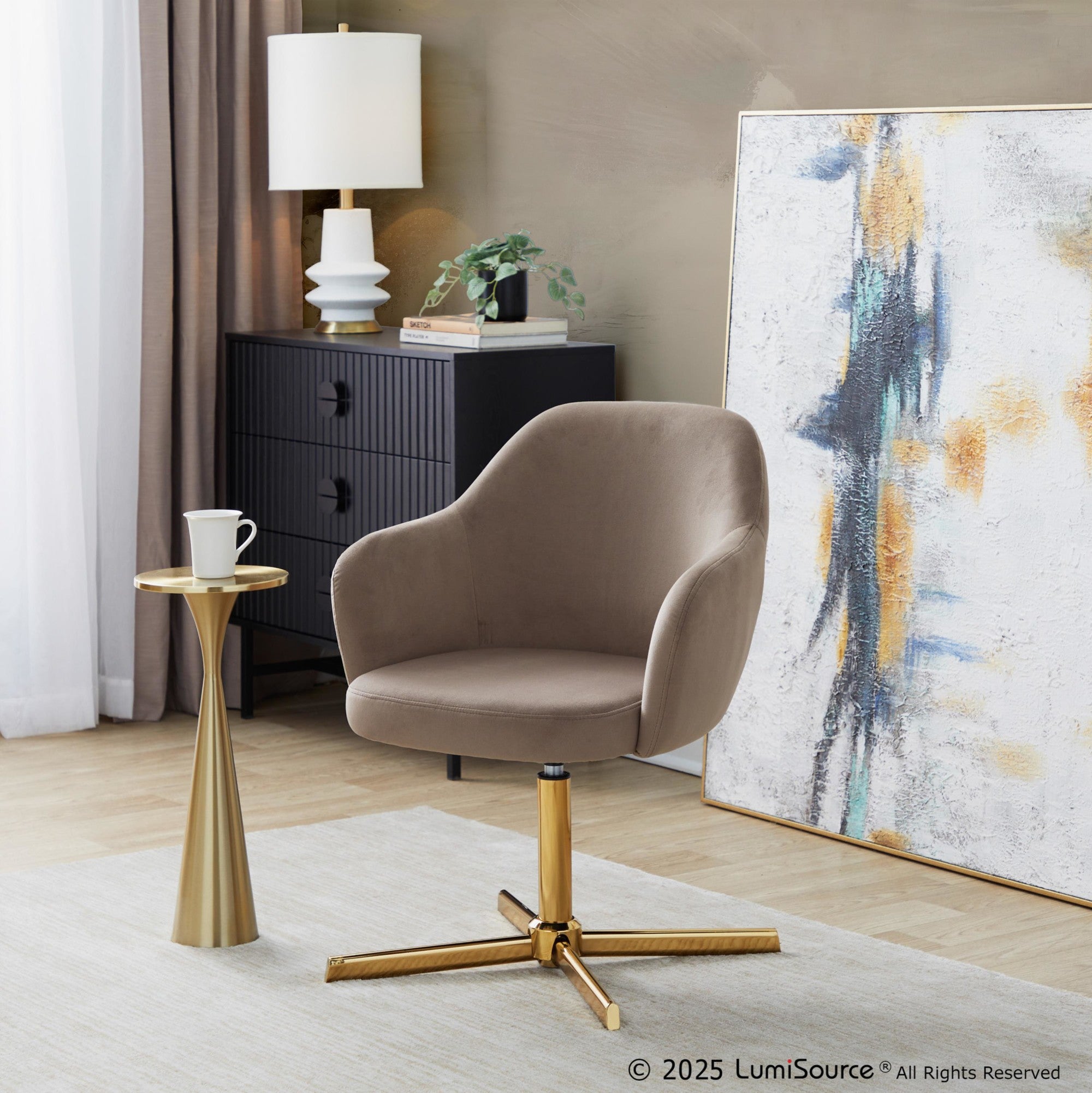 Buena Swivel Accent Chair - Chrome Gold Metal, Brown Velvet