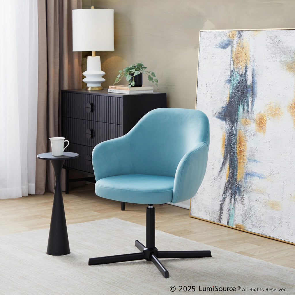Buena Swivel Accent Chair - Black Metal, Light Blue Velvet