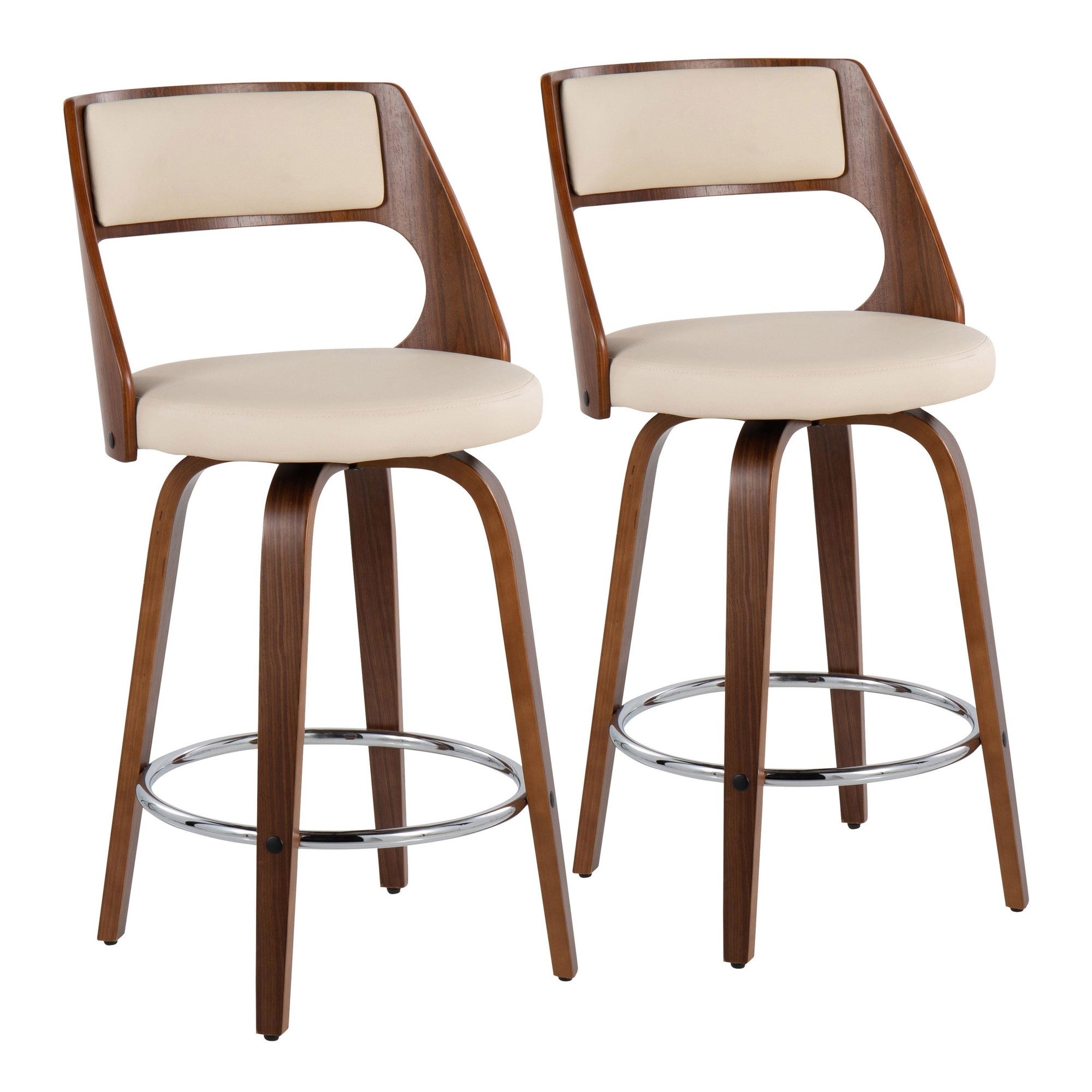 Cecina 24'' Fixed-Height Counter Stool - Set of 2 - Walnut Wood, Cream PU, Chrome