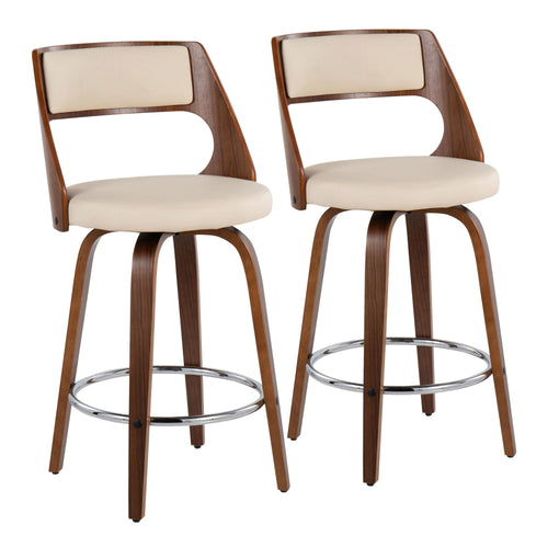 Cecina 24'' Fixed-Height Counter Stool - Set of 2 - Walnut Wood, Cream PU, Chrome