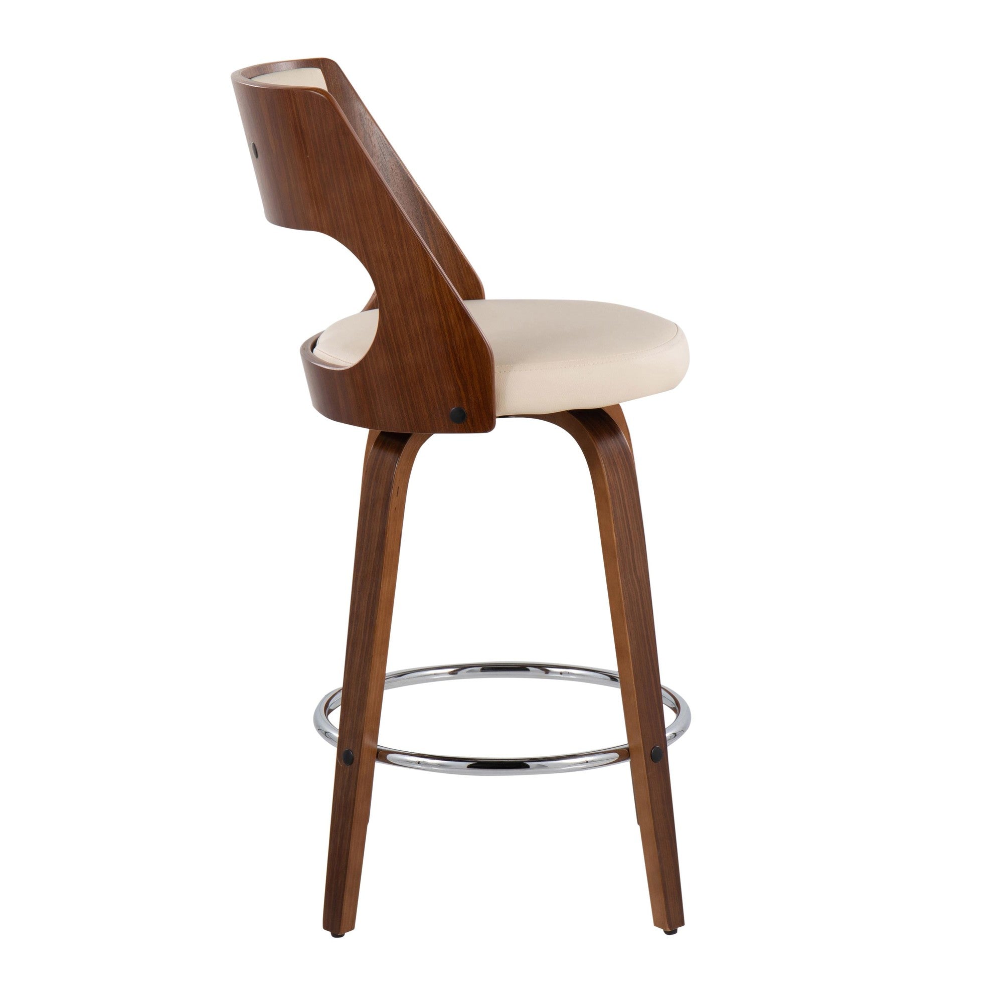 Cecina 24'' Fixed-Height Counter Stool - Set of 2 - Walnut Wood, Cream PU, Chrome