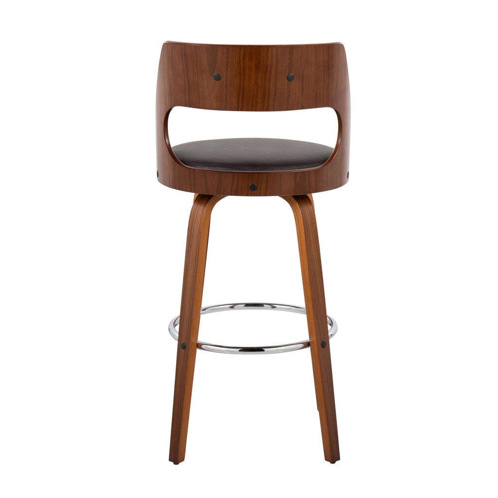 Cecina 30" Fixed-Height Barstool - Set of 2 - Walnut Wood, Brown PU, Chrome