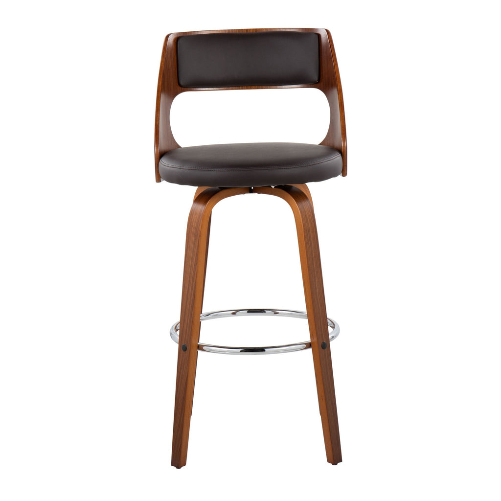 Cecina 30" Fixed-Height Barstool - Set of 2 - Walnut Wood, Brown PU, Chrome