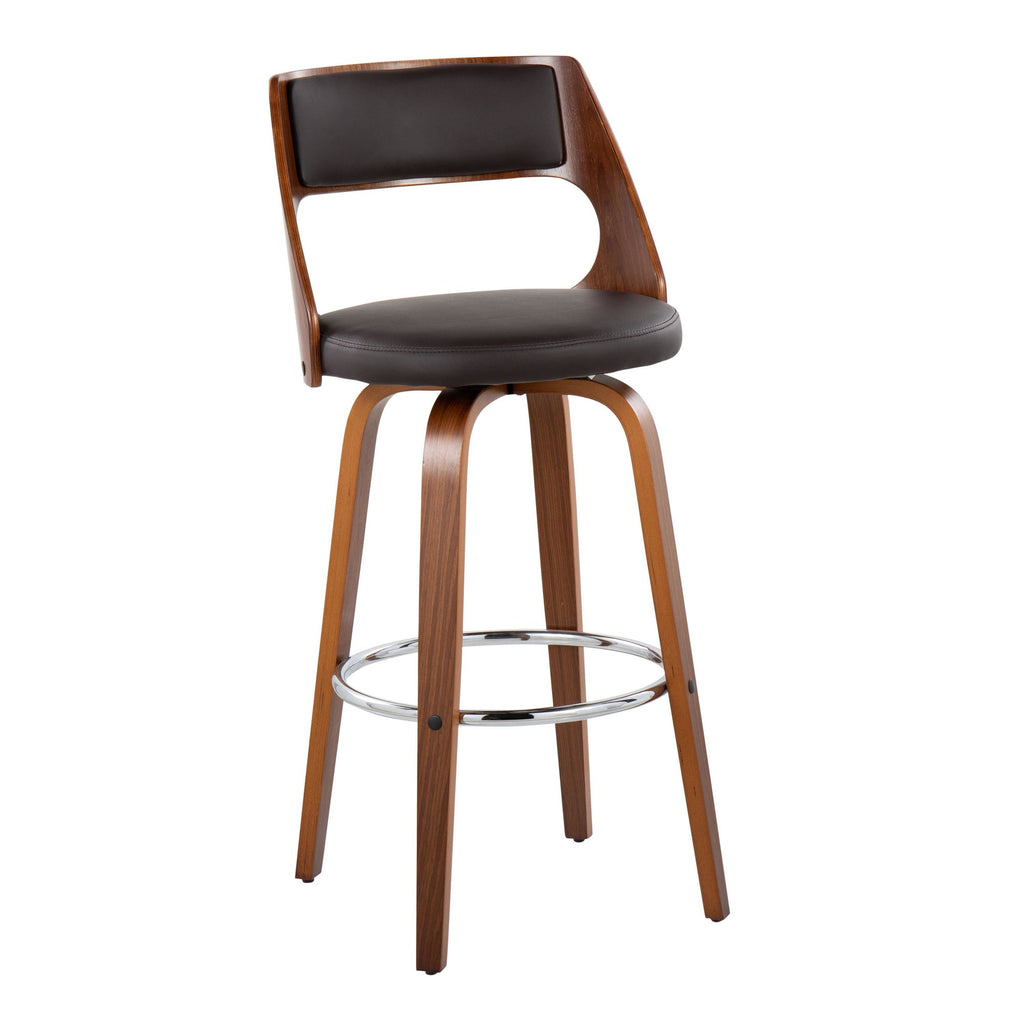 Cecina 30" Fixed-Height Barstool - Set of 2 - Walnut Wood, Brown PU, Chrome