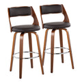 Cecina 30" Fixed-Height Barstool - Set of 2 - Walnut Wood, Brown PU, Chrome