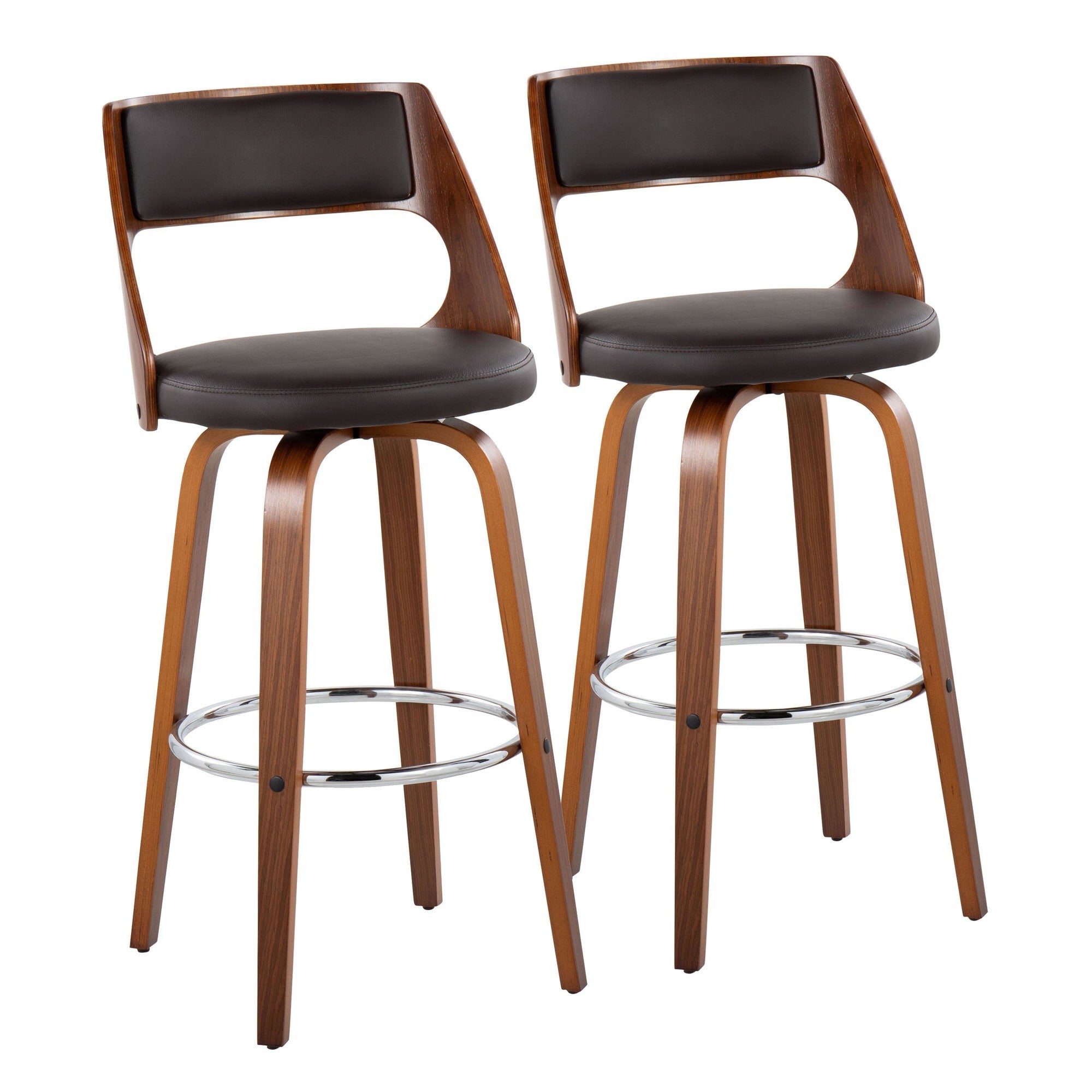 Cecina 30" Fixed-Height Barstool - Set of 2 - Walnut Wood, Brown PU, Chrome