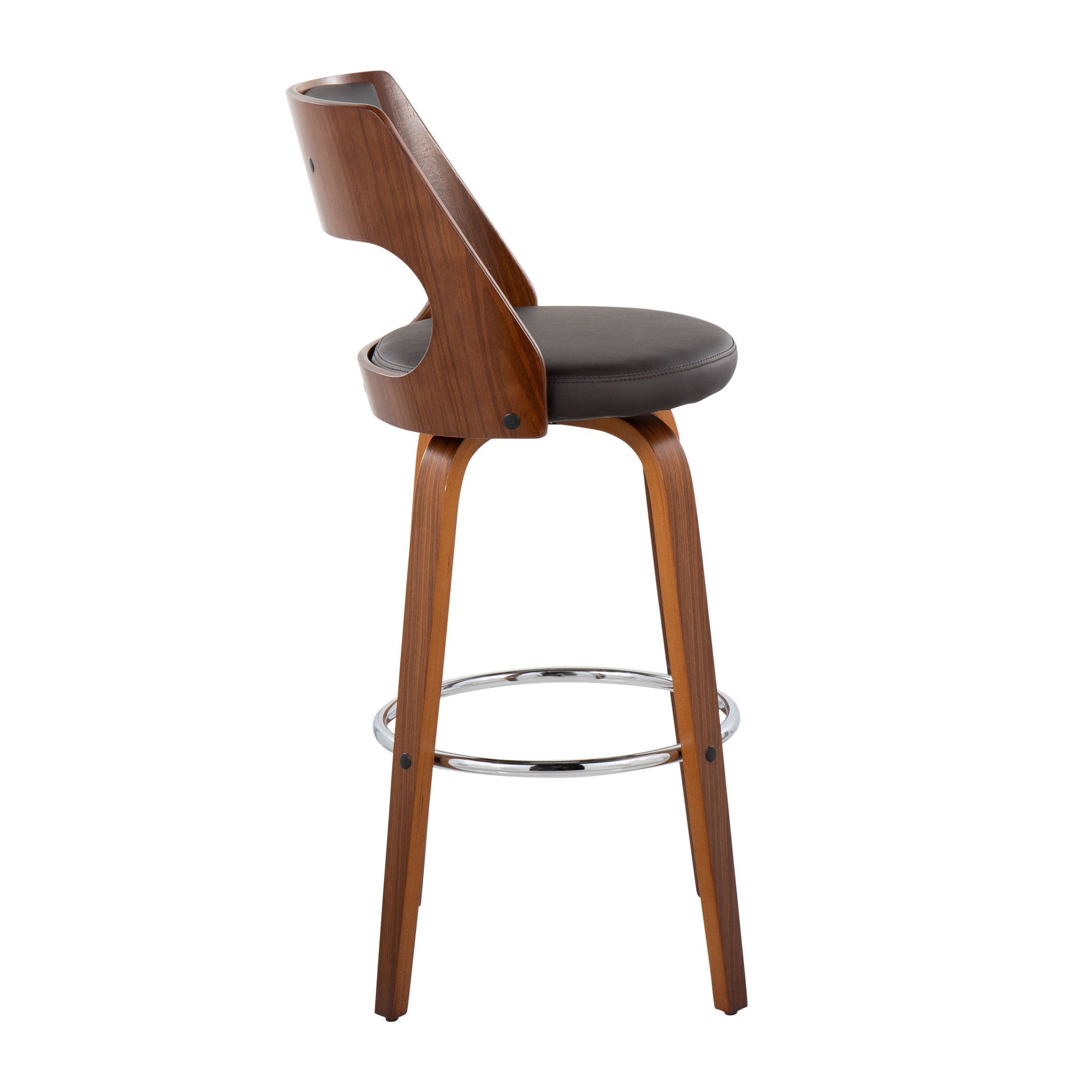 Cecina 30" Fixed-Height Barstool - Set of 2 - Walnut Wood, Brown PU, Chrome