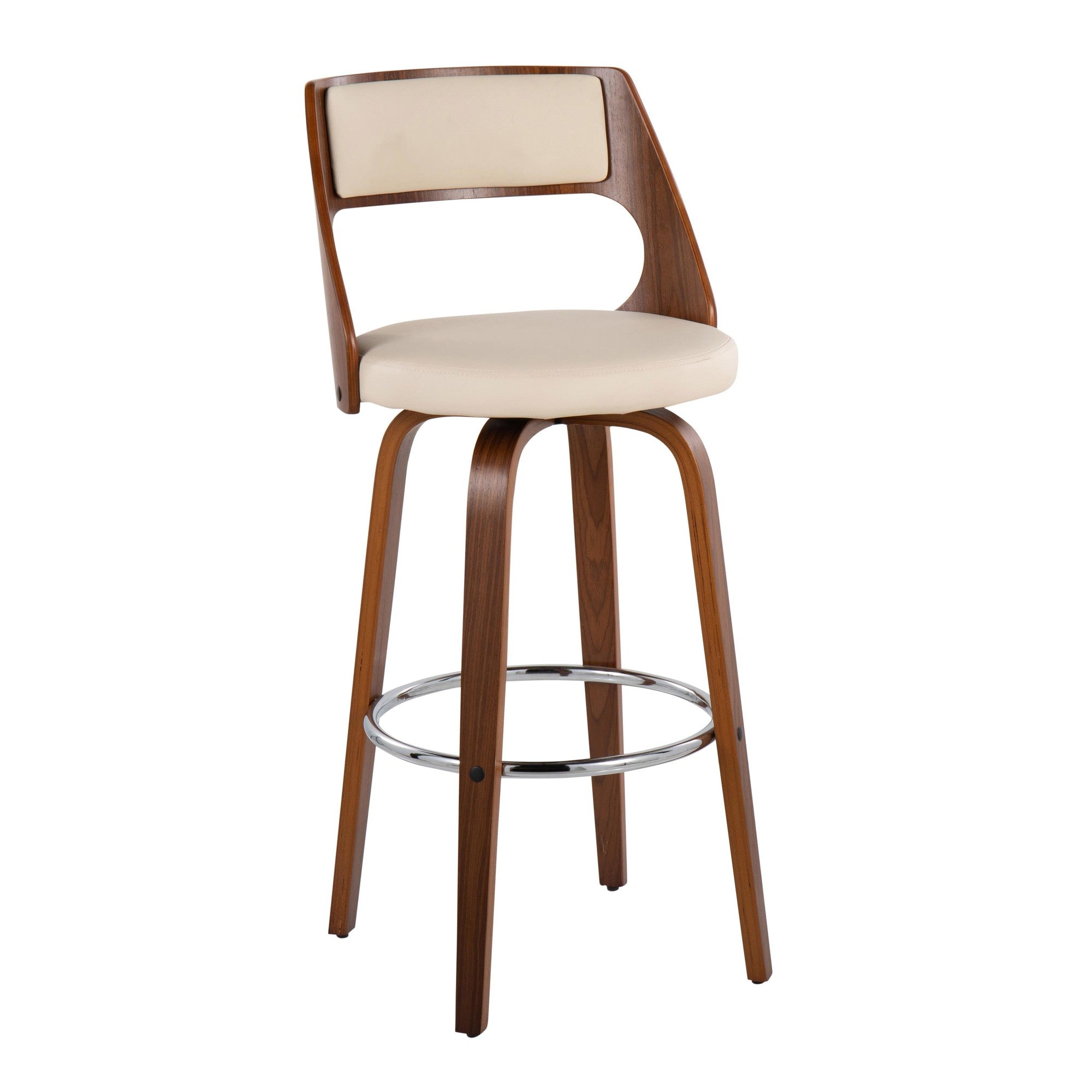 Cecina 30" Fixed-Height Barstool - Set of 2 - Walnut Wood, Cream PU, Chrome